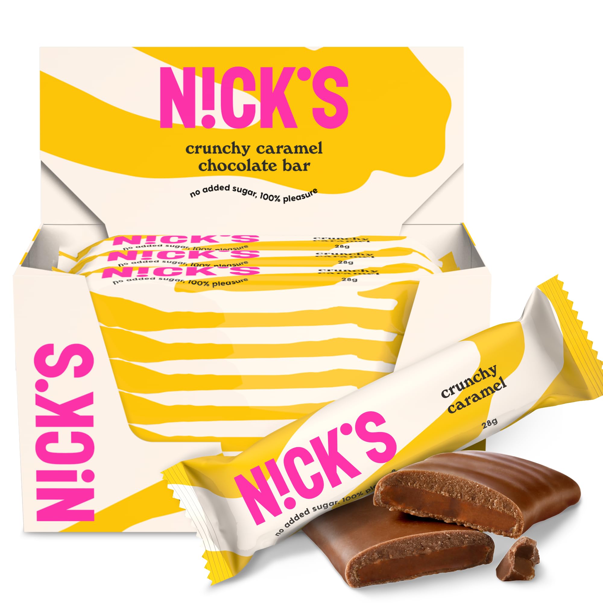 NICKS Keto Riegel Crunchy Caramel, Schokolade Mandel Karamell Snacks 88 Kalorien, 2 Net carbs, ohne Zuckerzusatz, Glutenfrei, Low carb Süßigkeiten (21x28g) Crunchy caramel 21er Pack (28 g) Angebot bei HelloDeals