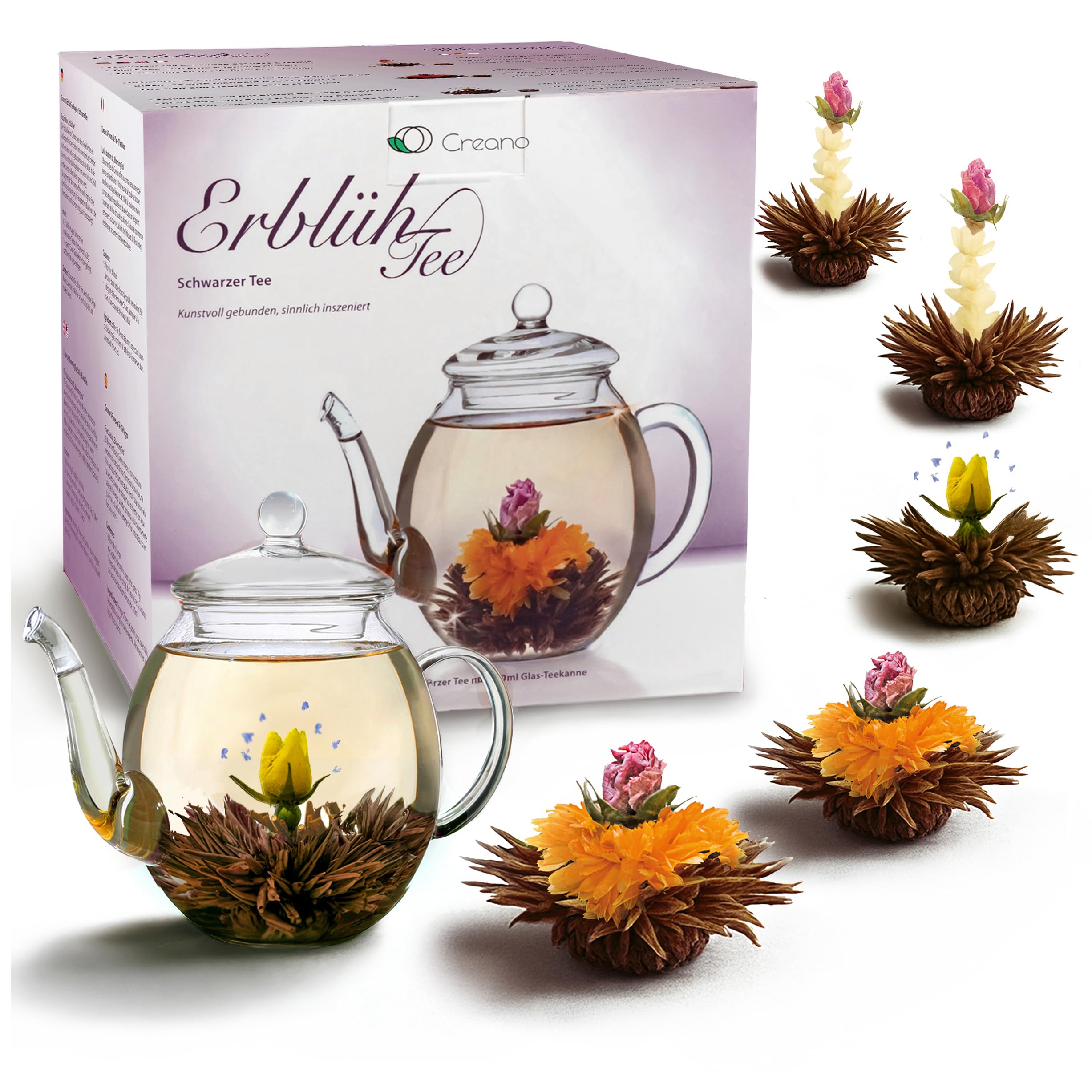 Creano Teeblumen Geschenkset - Erblühtee mit 500ml Glaskanne & 6x Schwarzer Tee - Geschenk zu Weihnachten Geschenk für Frauen und Teeliebhaber Angebot bei HelloDeals