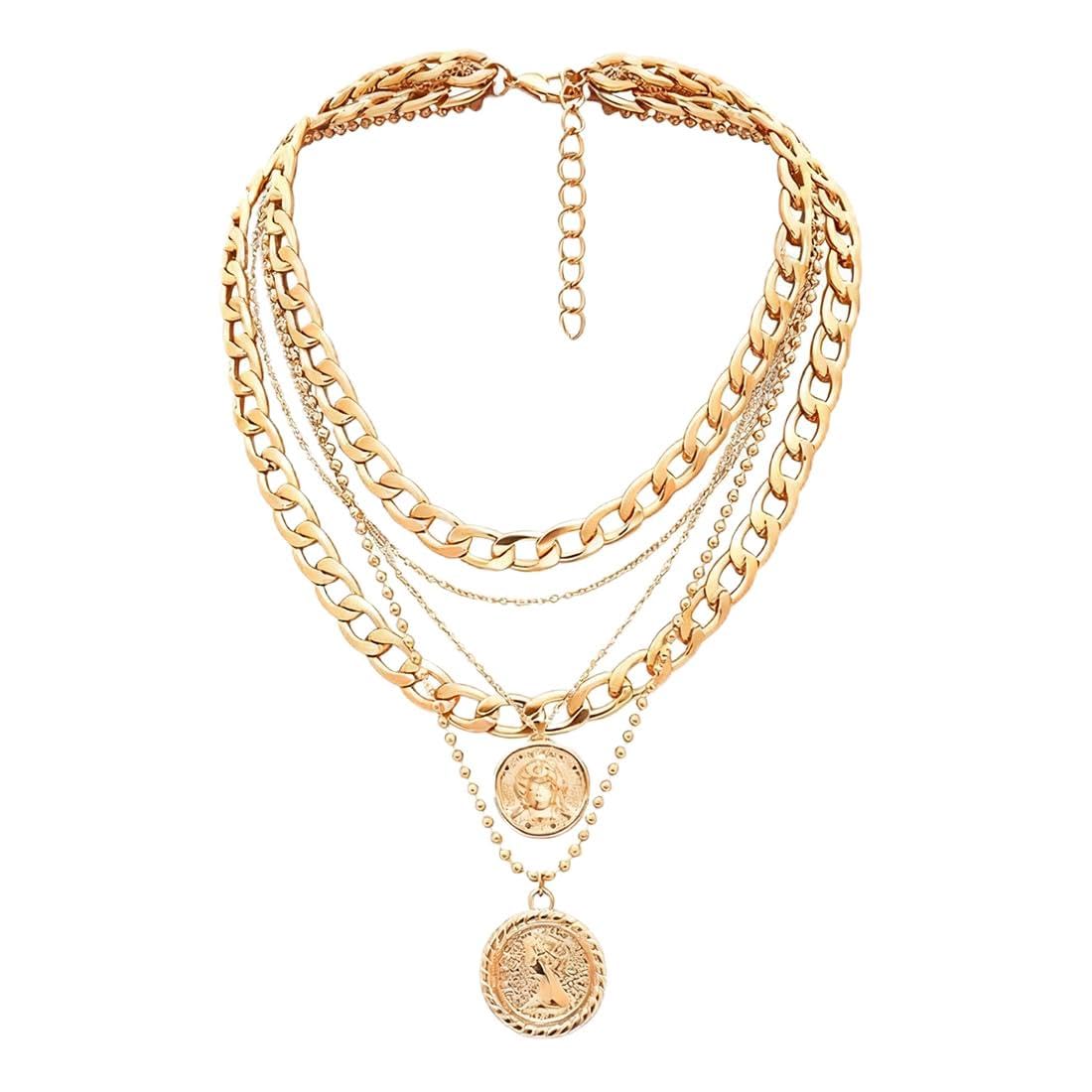 Meleager Piratenkette Gold, Schwere Kubanische Gliederkette, 1 Stück Punk Chunky Halskette mit Gravur Münzanhänger, Dicker Choker Schmuck Frauen, Accessoire für Karneval, Halloween Gold-1 Stück Angebot bei HelloDeals