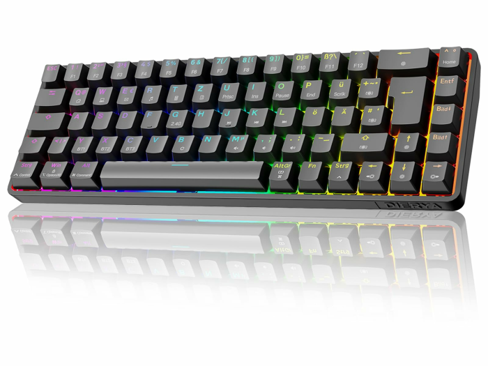 Dierya DK68 Kabellose Gaming Tastatur Deutsches Layout-QWERTZ,Bluetooth/2.4GHz/USB-C 68 Tasten RGB Beleuchtung Mechanische Tastatur,Clicky Blauer Switch,Schwarz Blauer Switch-QWERTZ Schwarz Angebot bei HelloDeals