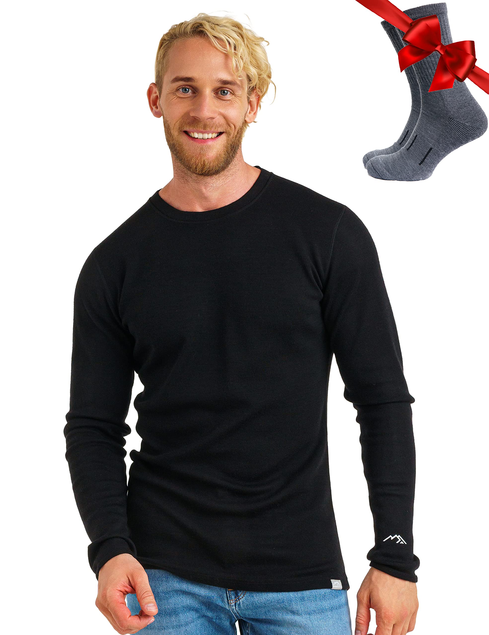 100% Merino Unterwäsche Herren - Merino Langarmshirt Herren Atmungsaktiv Und Feuchtigkeitsableitend + Wollsocken .320 Black XL Angebot bei HelloDeals