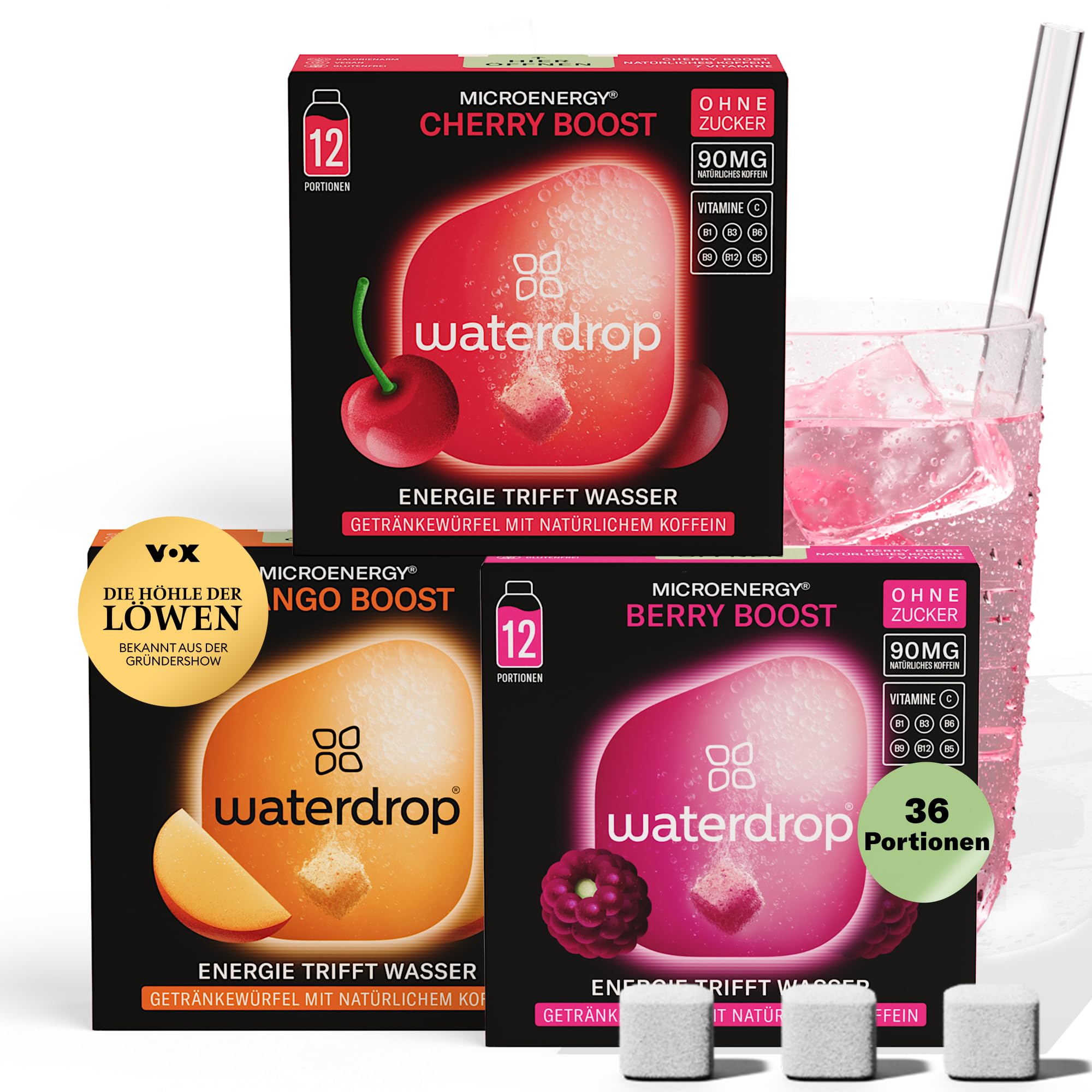 waterdrop® Microenergy Set, Energy Drink Pulver, 36 Würfel Getränkepulver, Mango, Kirsche & Brombeere Geschmack, Zuckerfrei & Kalorienarm, Mit 90 mg Natürlichem Koffein, Vitamin C & B – Flavour Drops Microenergy Mix 3er Pack Angebot bei HelloDeals