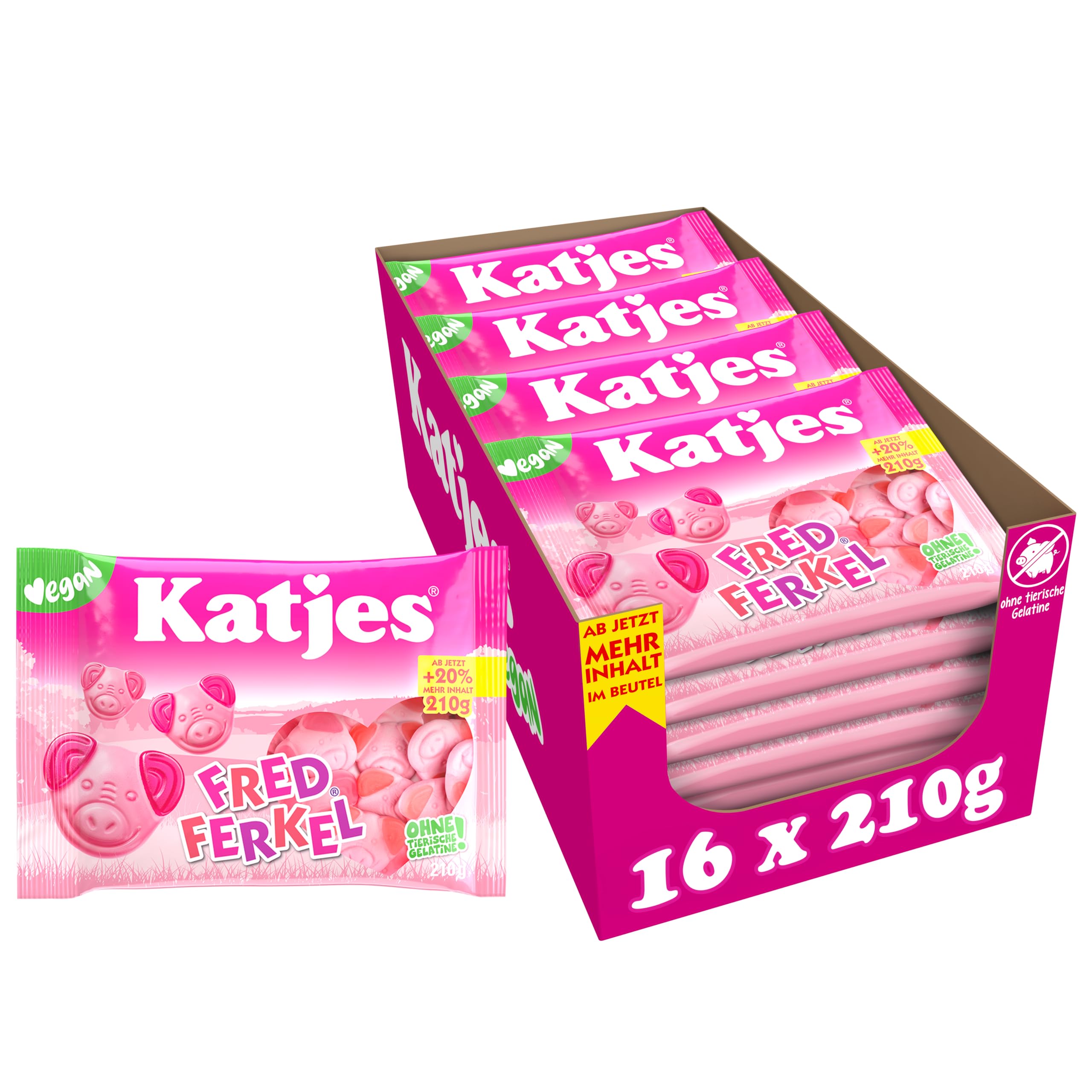 Katjes Fred Ferkel Vorratspack – Schaumzucker mit Fruchtgummi in Schweinchen-Form, fruchtiger Mix in unterschiedlichen Geschmacksrichtungen, Vegan, Halal, 16 x 210g New 210g Angebot bei HelloDeals