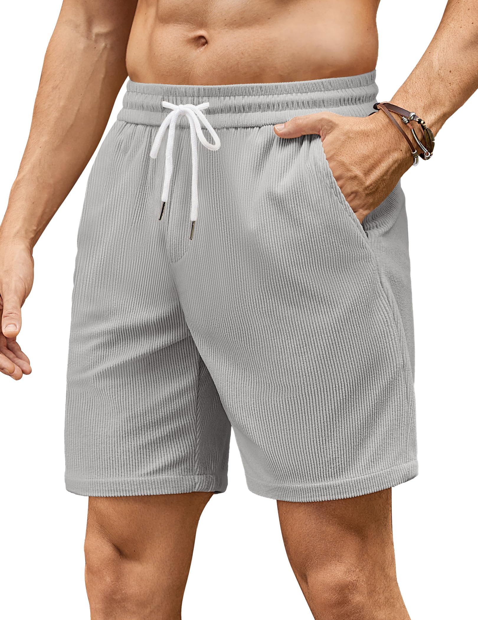 COOFANDY Herren Corduroy Shorts Sommer Freizeit Stretch Elastische Taille Regular Fit Kurze Hose mit Taschen Hellgrau 32 Angebot bei HelloDeals
