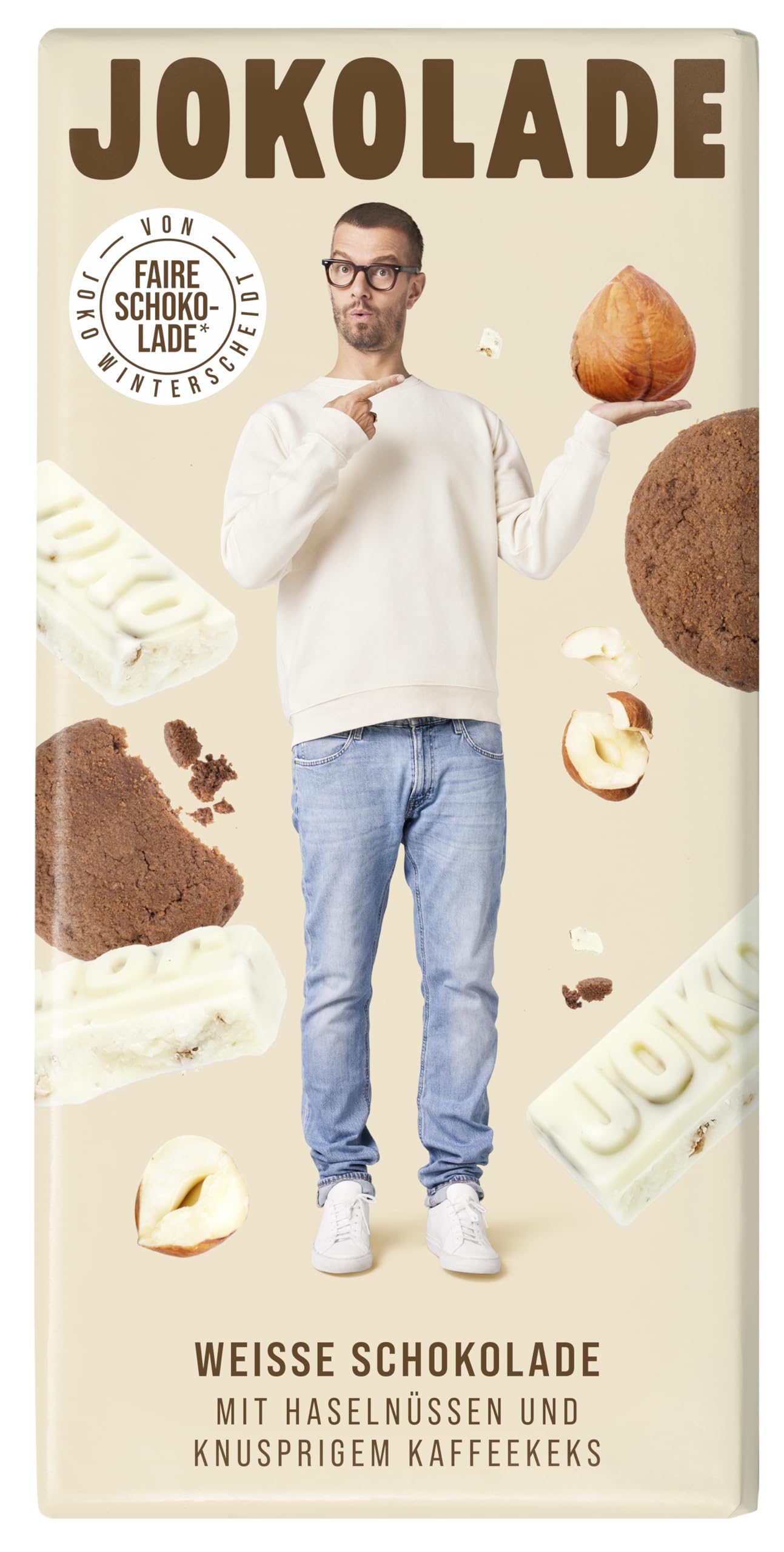 JOKOLADE Weiße Schokolade 1 x 140 g Tafel | Mit karamellisierten Haselnüssen und knusprigen Kaffeekeksstücken | Faire Schokolade von Joko Winterscheidt Weiße Schokolade mit Haselnüssen und knusprigem Kaffeekeks 140 g (1er Pack) Angebot bei HelloDeals