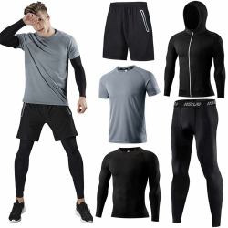 Holure Herren Sport-Laufset (4er or 5er Pack) Athletisches Shirt+Short/Kompressionsshirt+Hose mit Mantel Gymnastikanzüge L 5er-Pack Grau Angebot bei HelloDeals