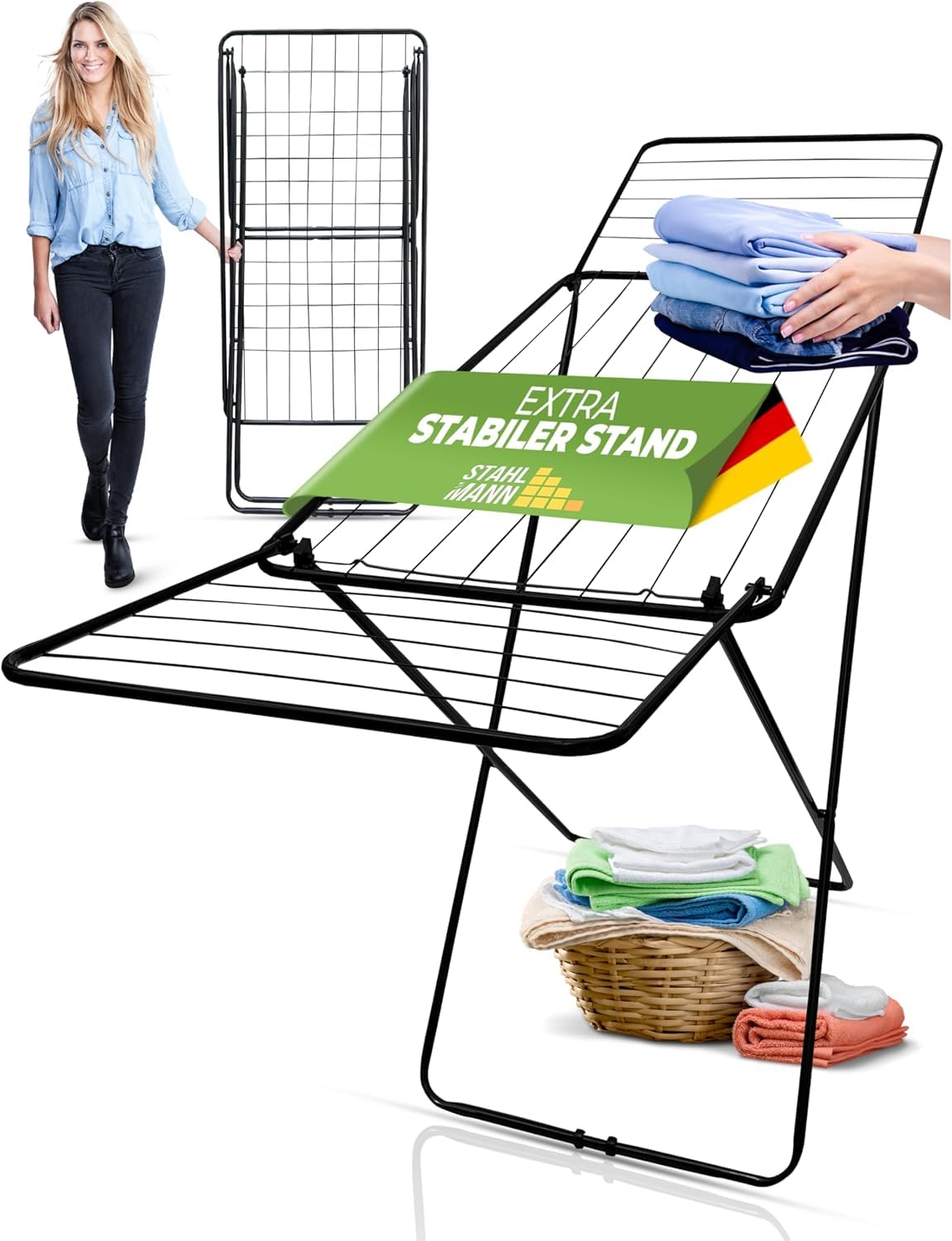 STAHLMANN ® Wäscheständer [18 m Trockenfläche] - Wäscheständer Schwarz platzsparend mit rutschfesten Füßen - Flügelwäscheständer -Wäschetrockner Angebot bei HelloDeals