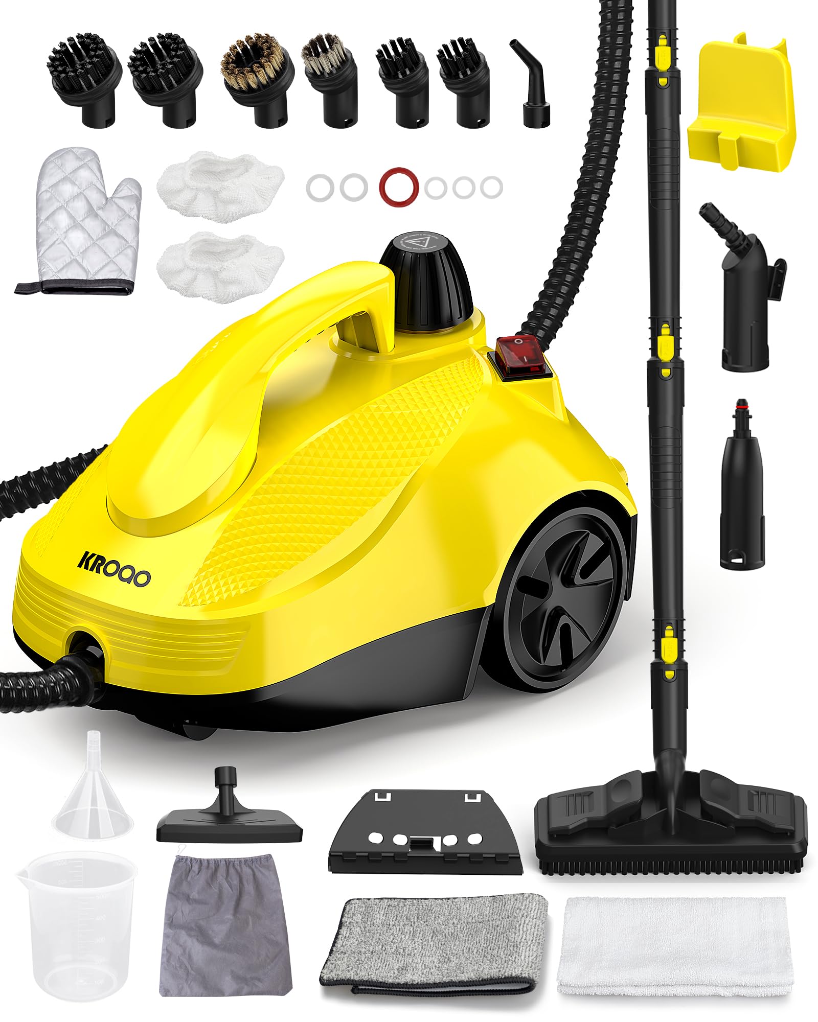 Dampfreiniger mit 23 Zubehörteilen und 5 Meter Netzkabel für die Reinigung von Öfen, Teppichen, Sofas, Polstern, Spielzeug und glatten Böden. Gelb Angebot bei HelloDeals