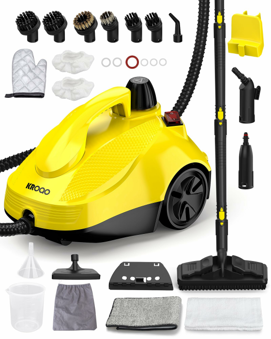 Dampfreiniger mit 23 Zubehörteilen und 5 Meter Netzkabel für die Reinigung von Öfen, Teppichen, Sofas, Polstern, Spielzeug und glatten Böden. Gelb Angebot bei HelloDeals