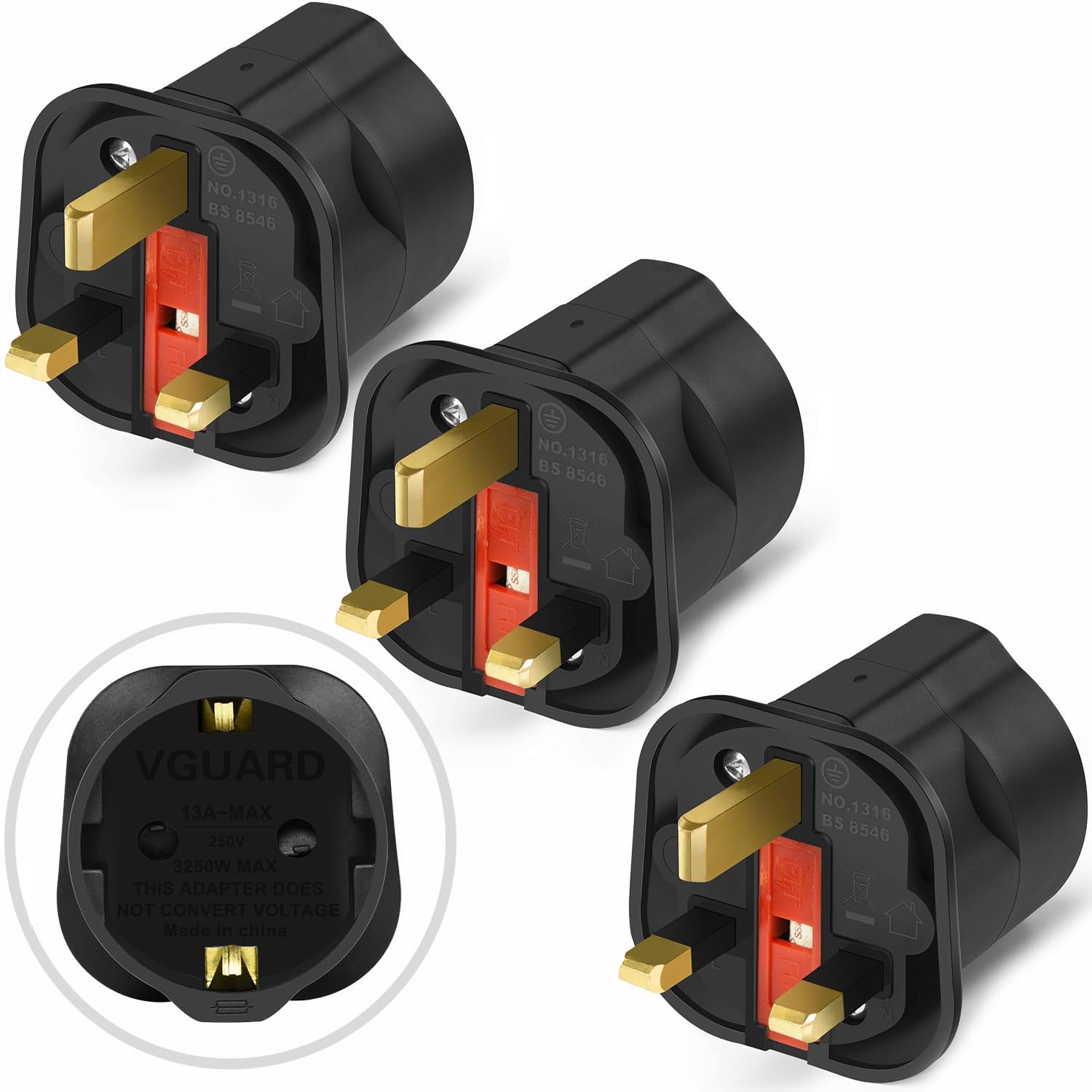VGUARD UK Adapter Reiseadapter, 3 Pack England Deutschland Stecker, Stromadapter Reisestecker Schuko EU zu UK Steckdose- Schwarz Angebot bei HelloDeals