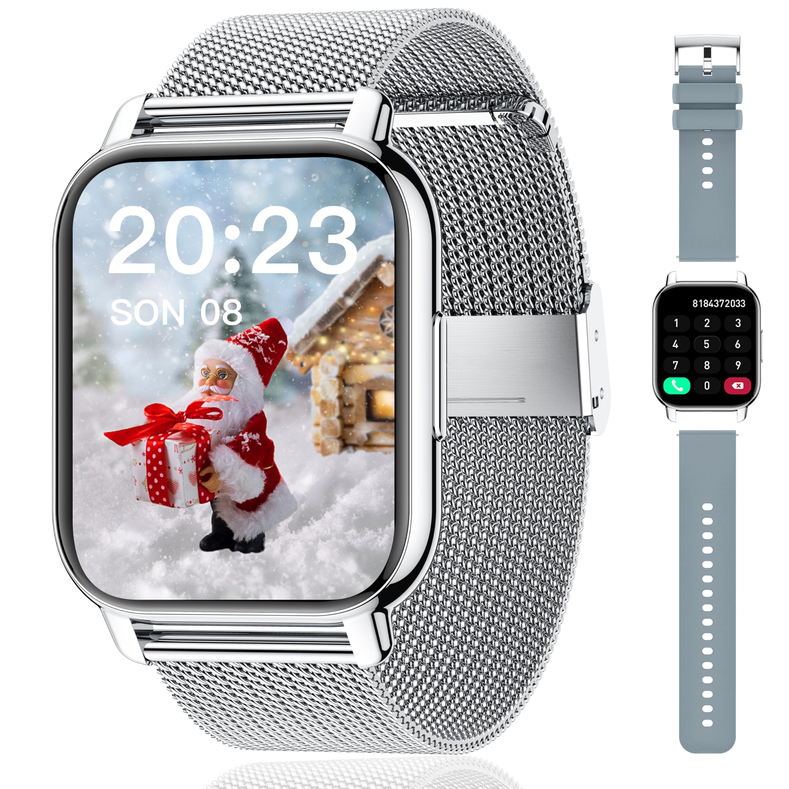 Popglory Smartwatch Herren Damen, 1.85" Fitnessuhr mit Blutdruckmessung Telefonfunktion Sprachsteuerung Herzfrequenz, 100+ Sportmodi Fitness Tracker Schrittzähler Schlaf SpO2, für Android iOS Milano Silber + Grau Angebot bei HelloDeals