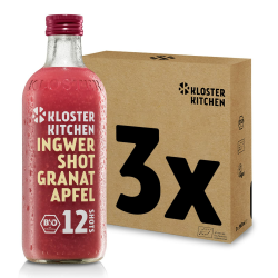 Kloster Kitchen Bio Ingwer Shot Granatapfel 3x 12SHOTS 360 ml mit Ingwerstückchen I Ingwershot vegan I Glasflasche I süß-scharf ohne Zusatzstoffe & mit natürlicher Süße (inkl. 0,75€ EINWEG Pfand) 360 ml (3er Pack) Angebot bei HelloDeals