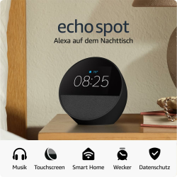 Amazon Echo Spot (neueste generation), smarter Wecker mit sattem Klang und Alexa, Schwarz Schwarz Nur Gerät Angebot bei HelloDeals