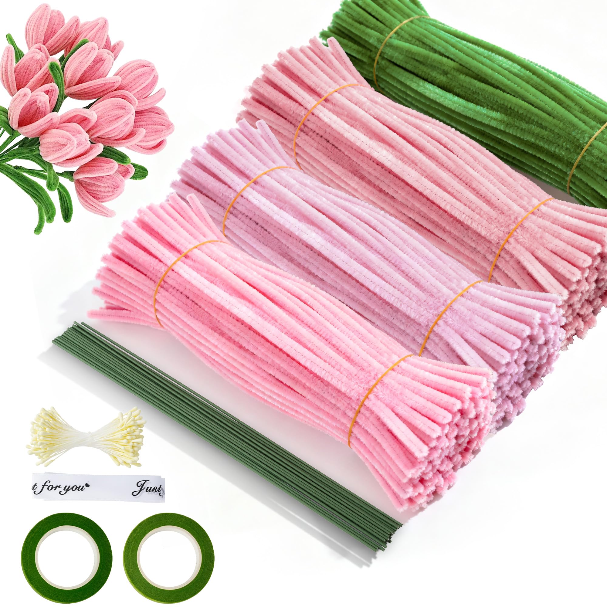 Pfeifenreiniger Blumen Set, 400 Stück Pfeifenputzer zum Basteln, Geschenkband und Klebeband – Ideal für DIY-Projekte wie Trockenblumen, Diamond Painting und Blumendeko(Rosa) Angebot bei HelloDeals