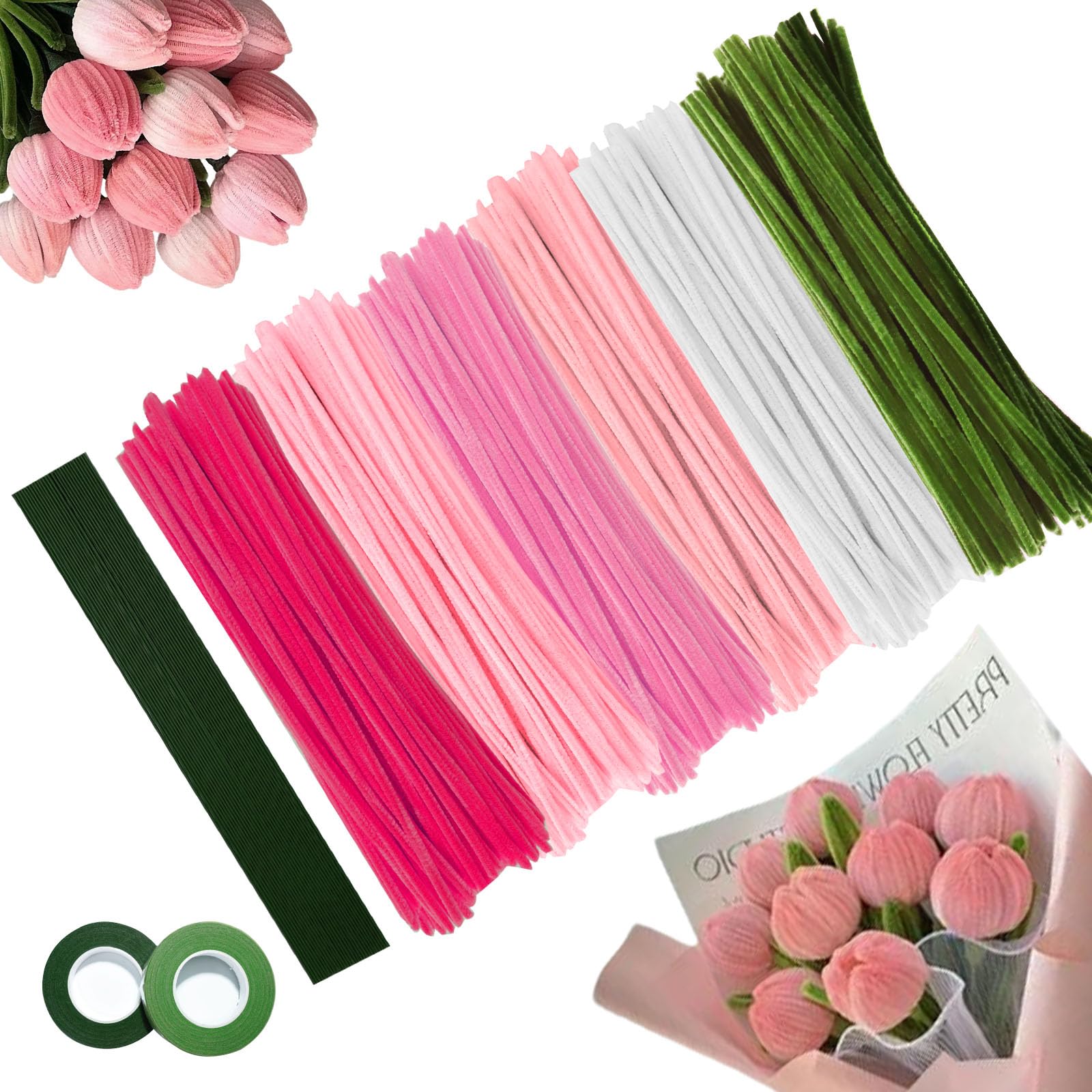 600 Stück Pfeifenreiniger Blumen Set | Pfeifenputzer zum Basteln in 6 Farben mit 30 Blumendraht & Geschenkband für Kreative DIY Blumensträuße (Rosa) Rosa 600 Stück Angebot bei HelloDeals