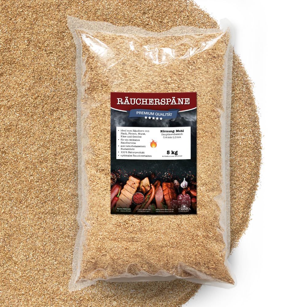 Terra Discount Räuchermehl aus Buche 500g, 2Kg, 5Kg oder 15 Kg - 0,4-1,0mm - zum smoken, räuchern/kalträuchern von Fleisch, Fisch, Gemüse geeignet - Buchenholz mit klassischem Aroma (5kg) Angebot bei HelloDeals