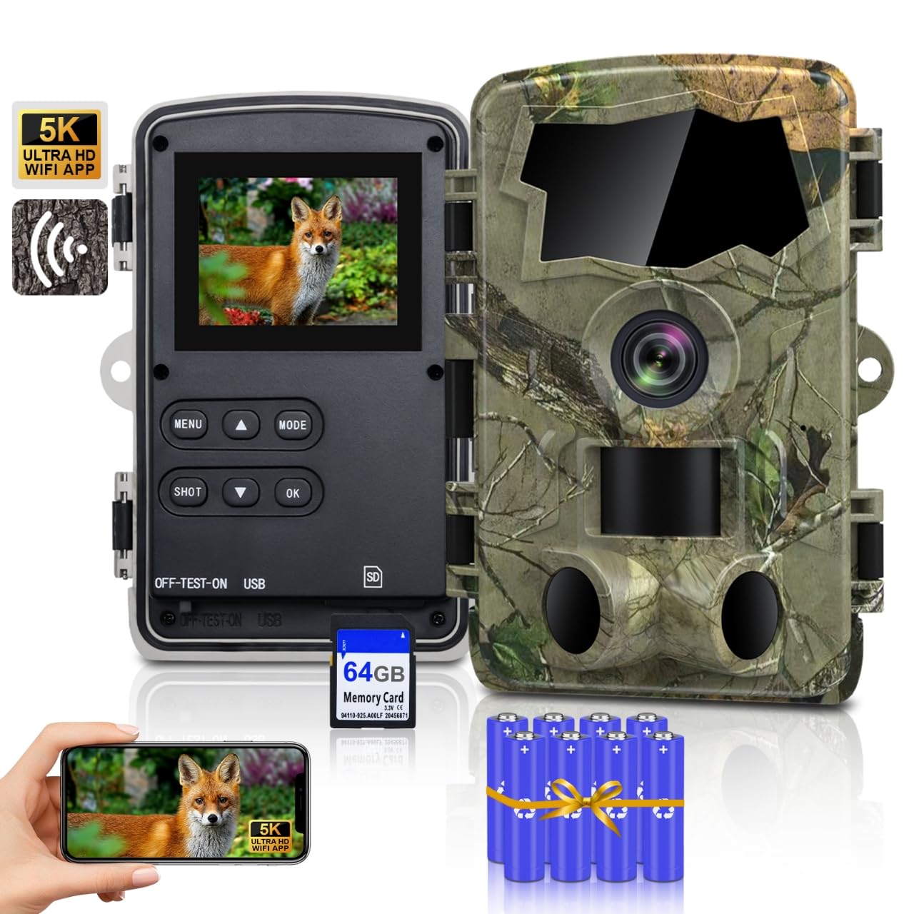 5K Wildkamera WLAN, 64MP Full HD Wildkamera mit Handyübertragung App, Infrarot Wildtierkamera mit 64G SD Karte & 8*AA-Batterien, Bewegungssensor, Nachtsicht, 0,1s Auslösezeit, IP66 Angebot bei HelloDeals