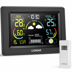 LIORQUE Wetterstation Funk mit Außensensor, DCF Funkuhr, Funkwetterstation mit Wettervorhersage, Innen und Außentemperatur/luftfeuchtigkeit, Barometer und Mondphase, LCD VA Display Angebot bei HelloDeals