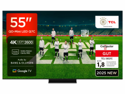 TCL 55Q7C QLED Mini LED Fernseher, 55 Zoll, 4K HDR Premium, Dolby Vision IQ & Atmos, Smart TV mit Google TV, 6.2.2 Sound, 144Hz VRR, AMD FreeSync Premium Pro, HDMI 2.1, AirPlay 2, Alexa 55 Zoll Q7C B&O QD-Miniled Angebot bei HelloDeals