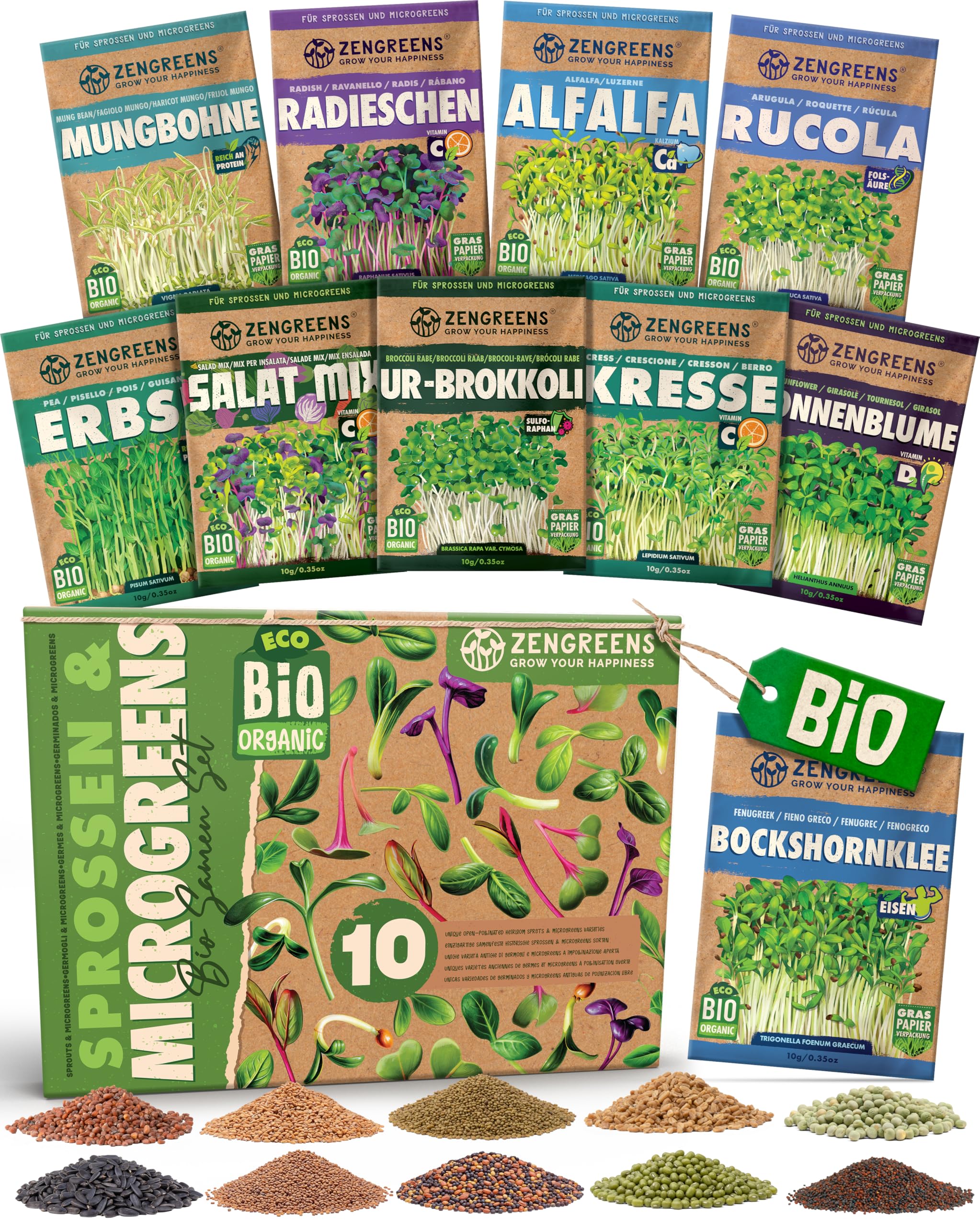 Bio Sprossensamen im 10er Set - Keimsprossensamen - für leichte Zucht im Sprossenglas oder Anzuchtschale - Probierpaket - 10 verschiedene Sorten - Microgreens Samen Mix Sprossen 10 Angebot bei HelloDeals