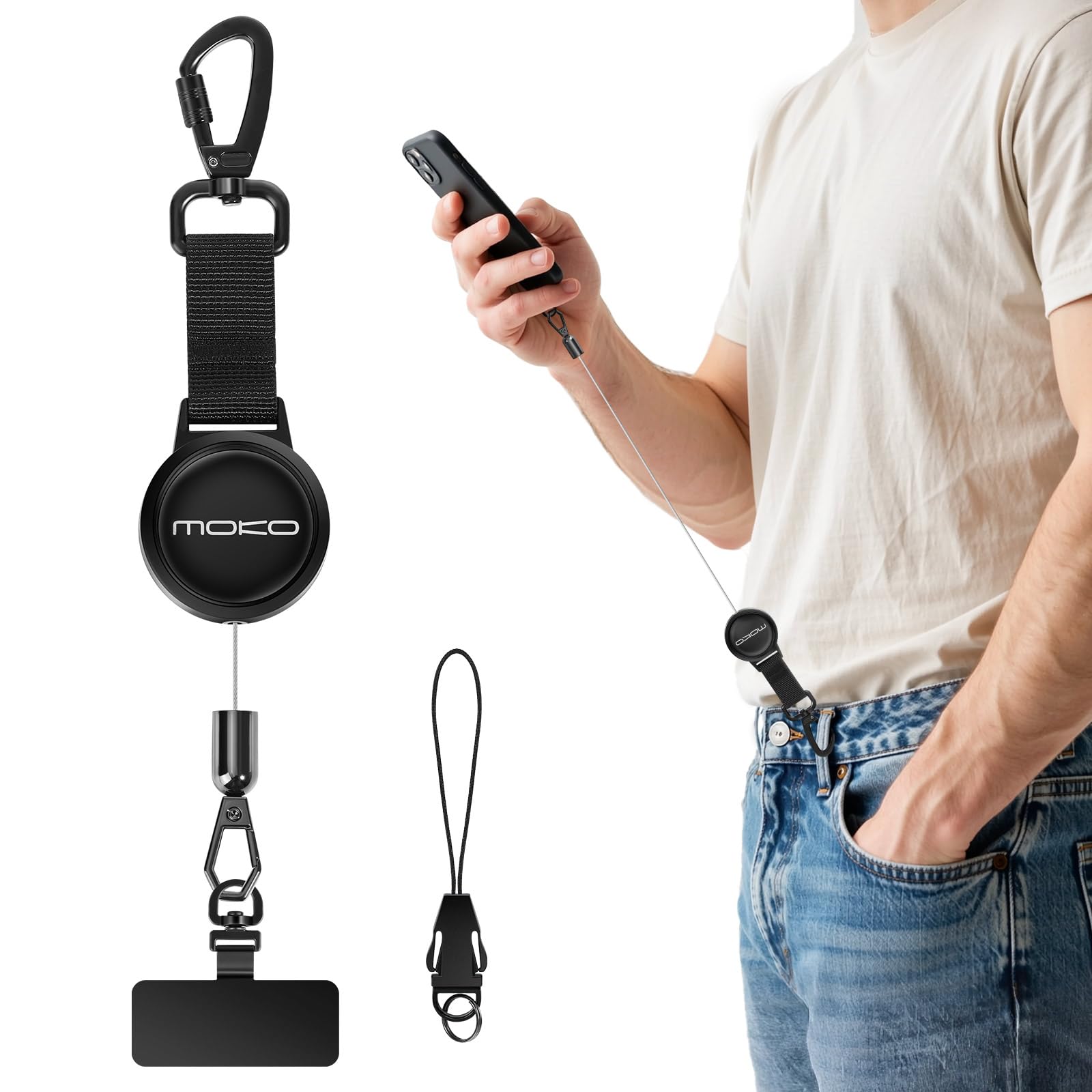 MoKo Einziehbares Handy-Sicherungsband, Einziehbarer Umhängeband mit Diebstahlschutz und Metallhaken und 360°-Metallhalterung, Handy-Umhängeband für Outdoor wie Wandern, Klettern und Angeln, Schwarz Angebot bei HelloDeals