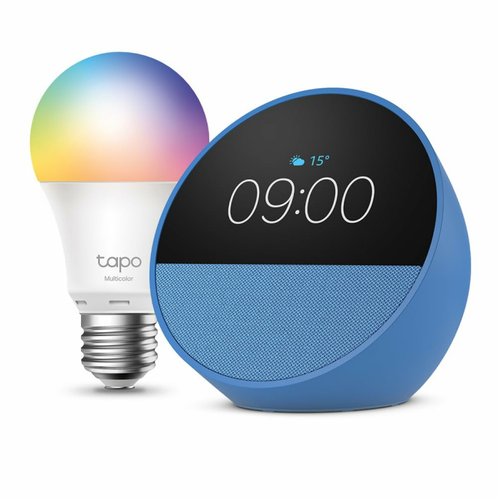 Echo Spot | Blau + Tapo L530EA (E27) Lampe, kompatibel mit Amazon Alexa - Smart Home-Einsteigerpaket Angebot bei HelloDeals