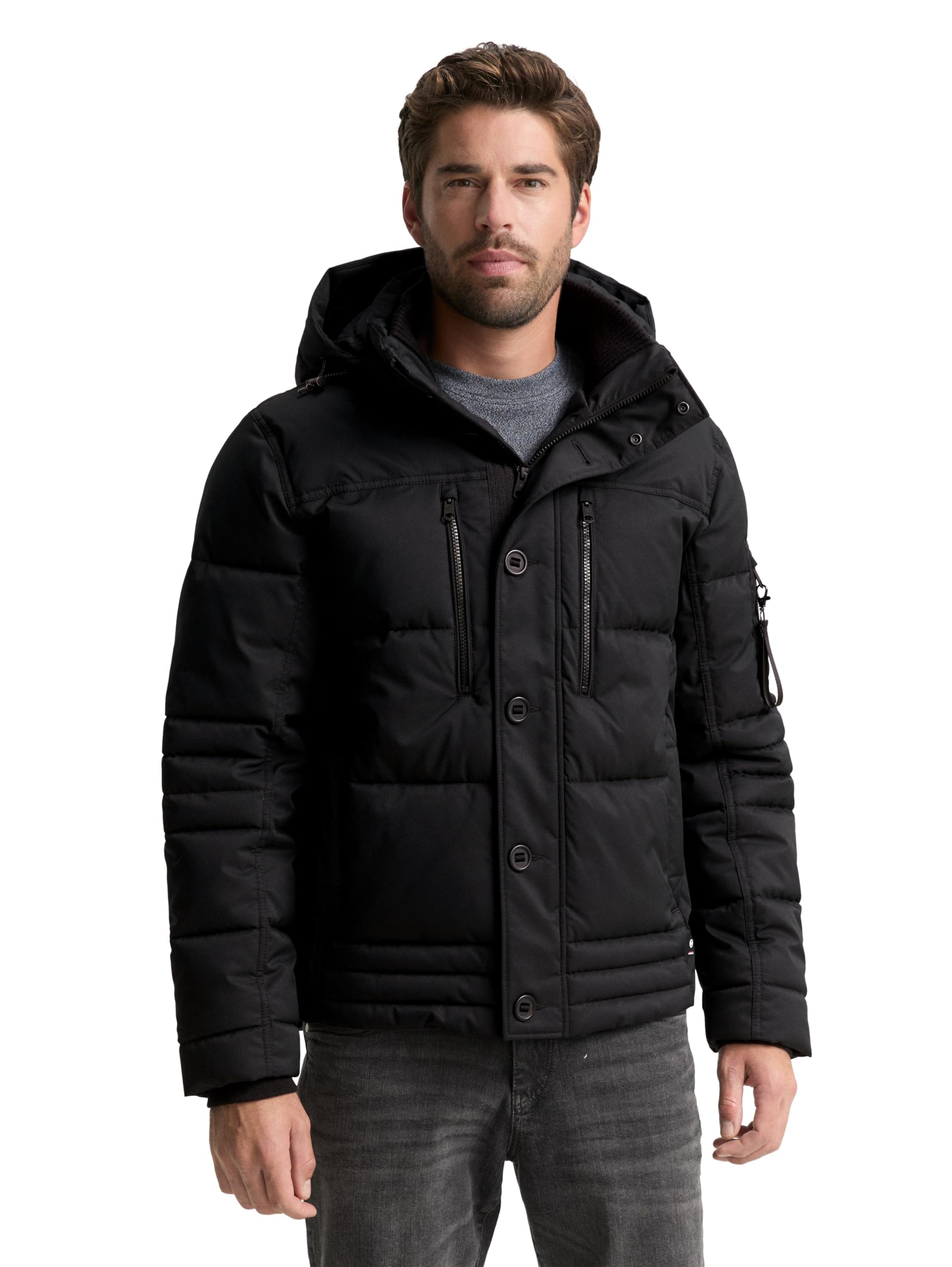 TOM TAILOR Herren 1046971 Pufferjacke mit abnehmbarer Kapuze M 29999 - Black Angebot bei HelloDeals