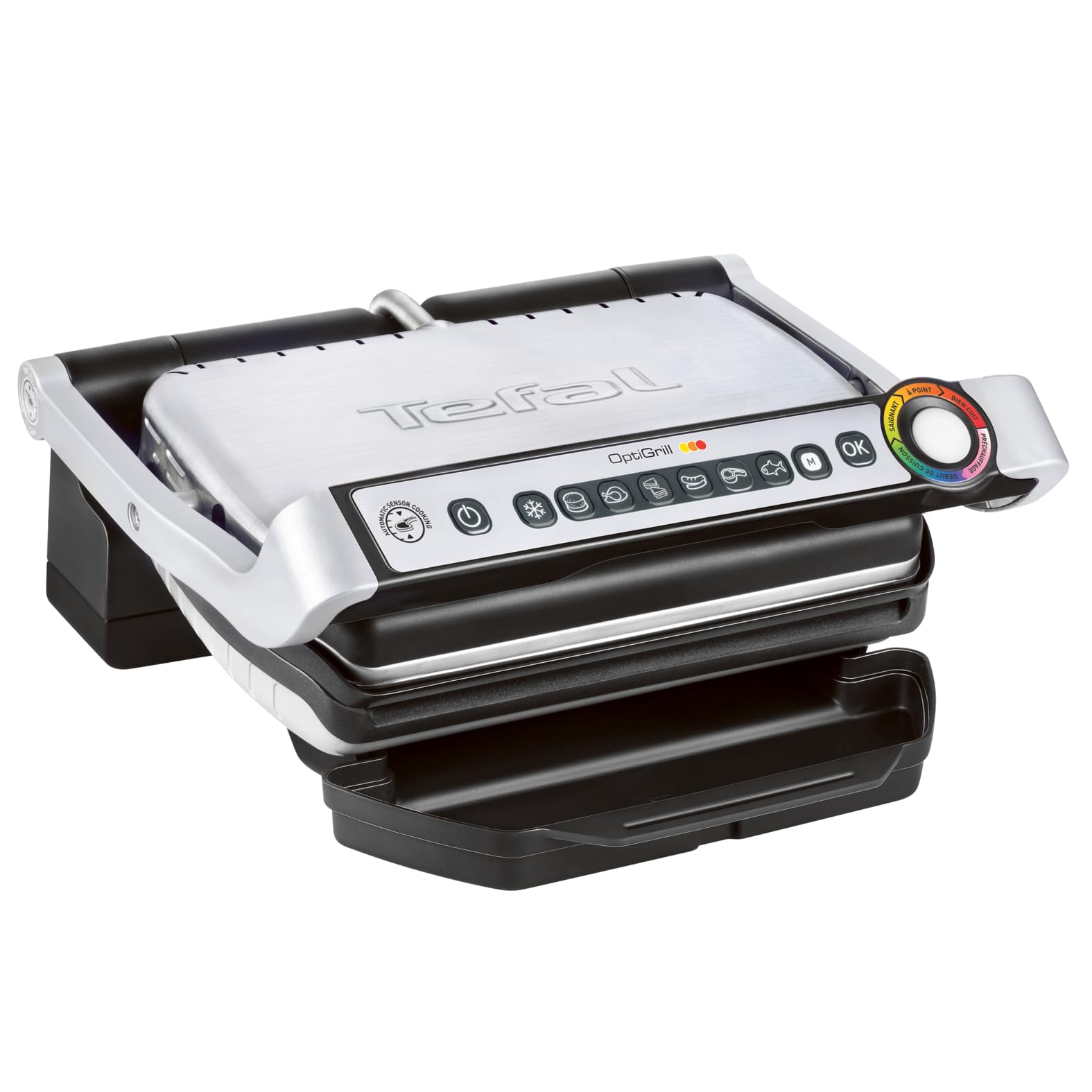 Tefal OptiGrill Kontaktgrill, 6 automatische Programme, Garstufenanzeige, passt Temperatur und Grillzyklus ans Grillgut an, antihaftbeschichtete abnehmbare Platten, Elektrogrill, Edelstahl, GC705D16 OptiGrill Automatische Anpassung Angebot bei HelloDeals