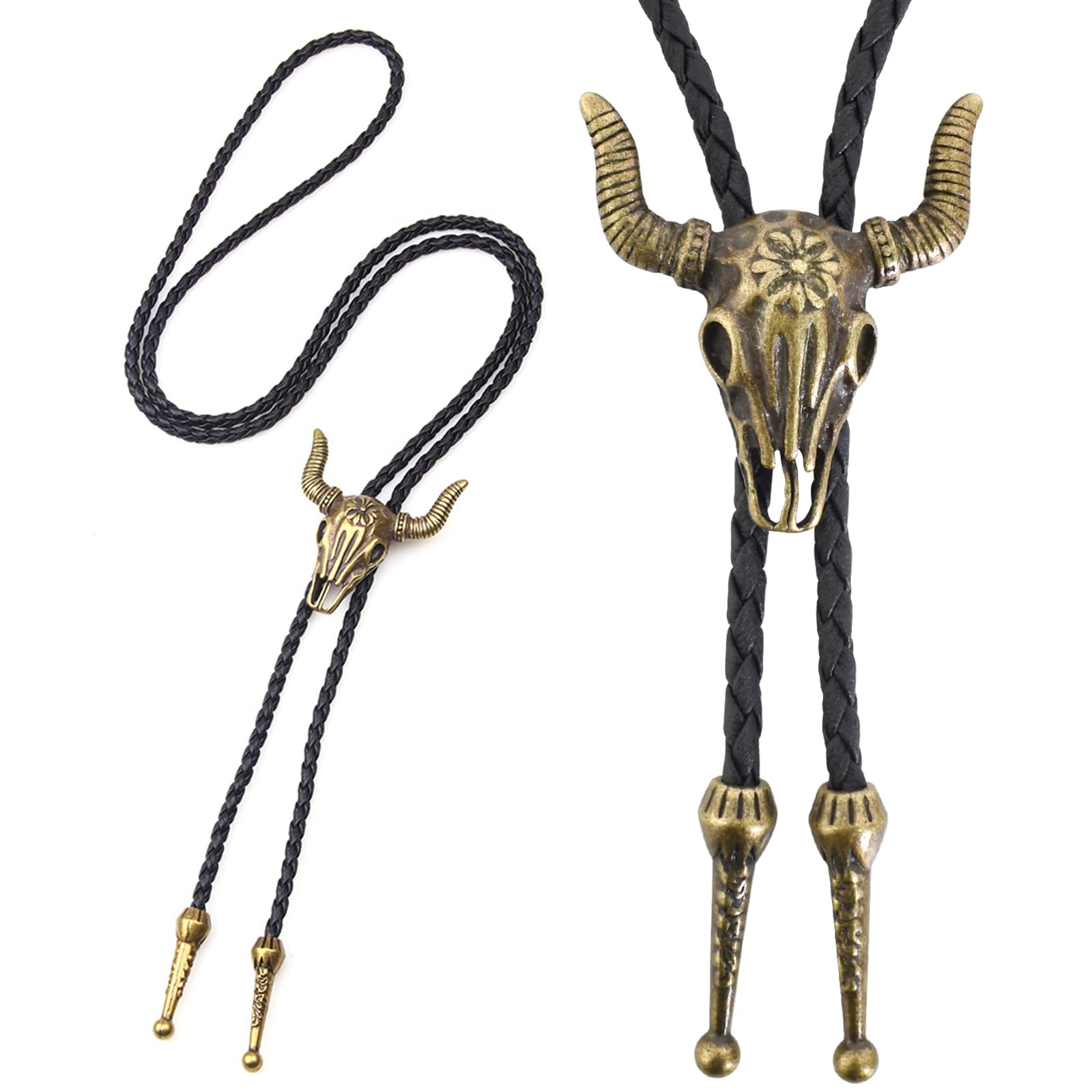 Bolo-Krawatte aus Leder - Western Cowboy Halskette mit Kuh Schädel - Lariat Rodeo Anhänger in Schwarz für Damen und Herren Angebot bei HelloDeals