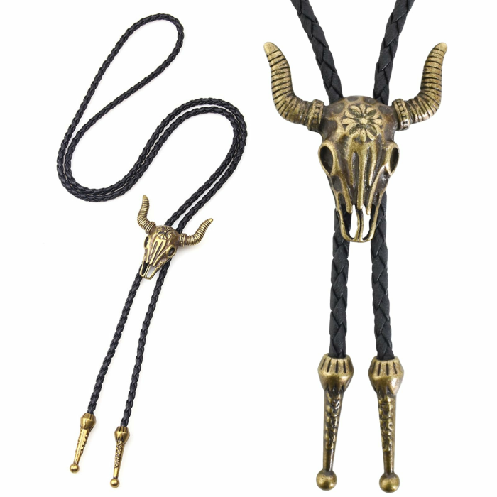 Bolo-Krawatte aus Leder - Western Cowboy Halskette mit Kuh Schädel - Lariat Rodeo Anhänger in Schwarz für Damen und Herren Angebot bei HelloDeals