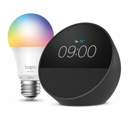 Echo Spot | Schwarz + Tapo L530EA (E27) Lampe, kompatibel mit Amazon Alexa - Smart Home-Einsteigerpaket Angebot bei HelloDeals