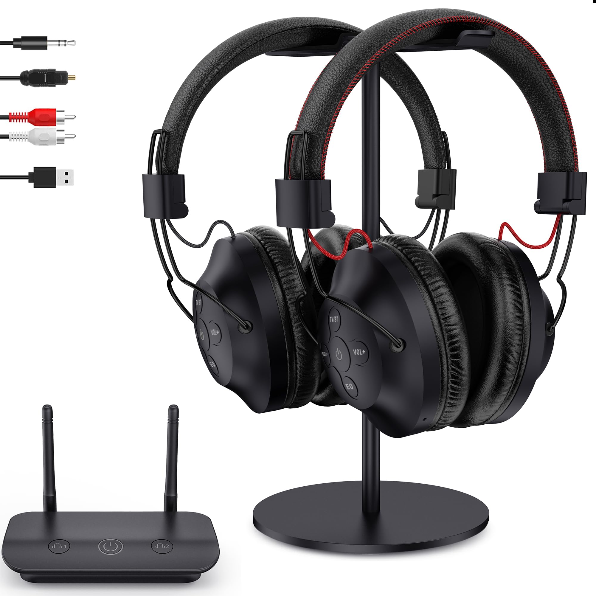 Dual Wireless Kopfhörer zum Fernsehen mit Sender und Headset-Ständer, 196ft Reichweite mit optischen, AUX, RCA und USB, hohe Lautstärke, 40 Stunden Spielzeit Duett schwarz Angebot bei HelloDeals