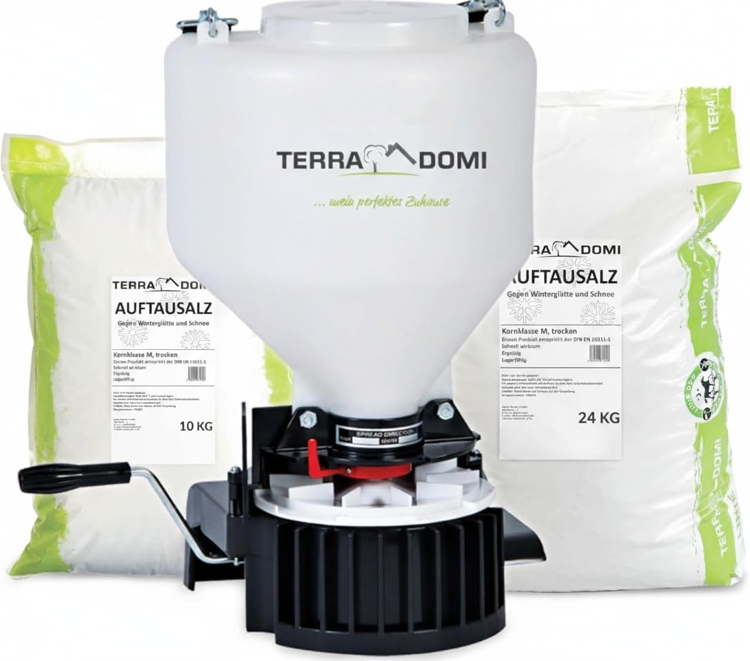TerraDomi Streusalz 10kg | Gegen Winterglätte und Schnee | Kornklasse M | Auftausalz | + Universal Streuer | Manuelles Streugerät für Dünger Saatgut & Wintersalz | 9L Behälter 10 kg + Streuer Angebot bei HelloDeals