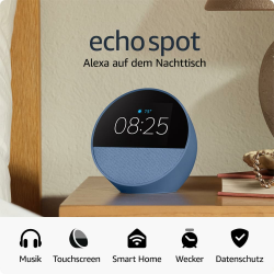 Amazon Echo Spot (neueste generation), smarter Wecker mit sattem Klang und Alexa, Blau Blau Nur Gerät Angebot bei HelloDeals
