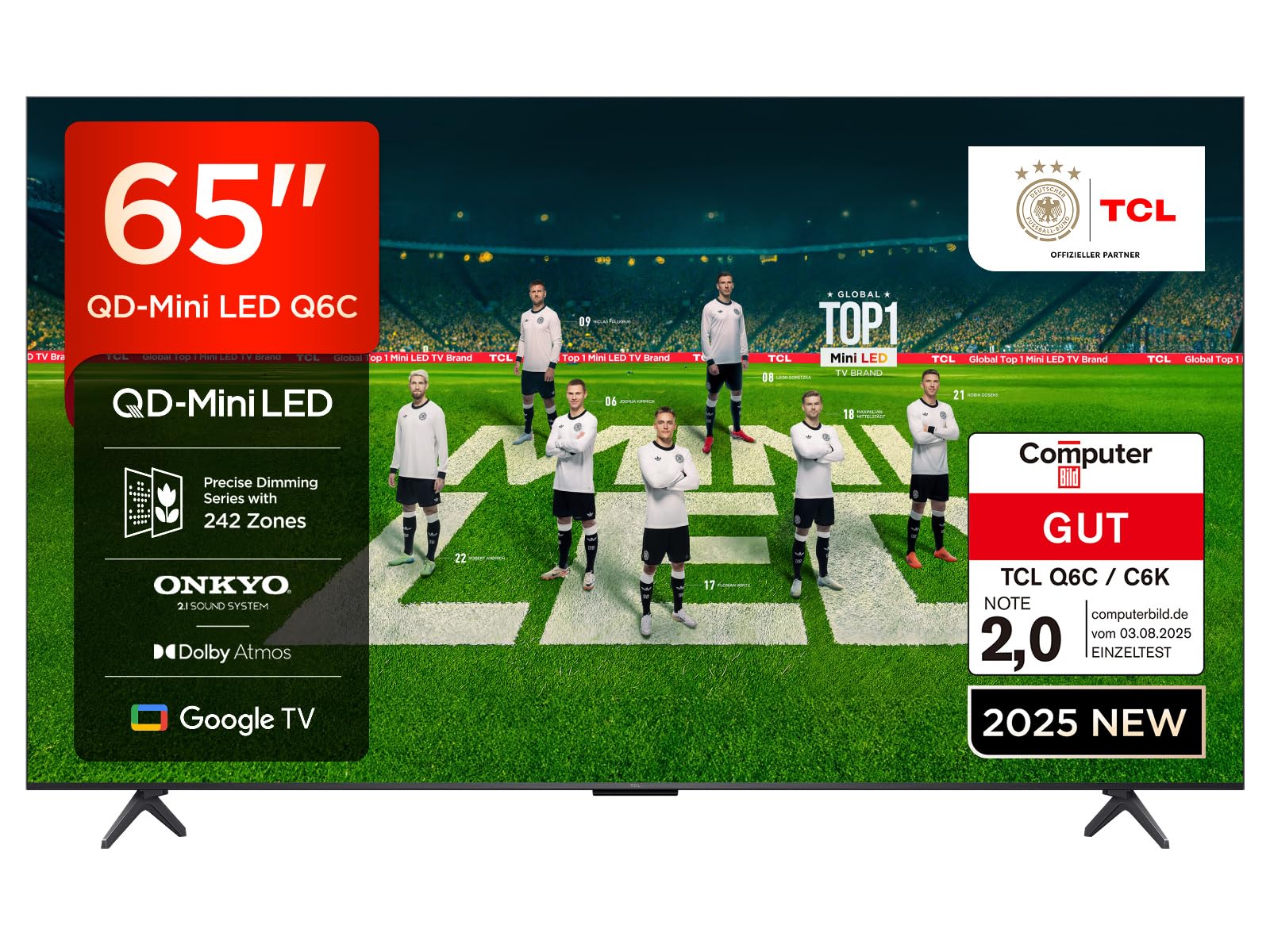TCL 65 Zoll 65Q6C QLED Mini LED Fernseher, 4K HDR Premium, Dolby Vision IQ & Atmos, Onkyo 2.1, Smart Google TV, 144Hz Motion Clarity Pro, AMD FreeSync Premium Pro, HDMI 2.1, AirPlay 2 65 Zoll Q6C Onkyo QD-Miniled Angebot bei HelloDeals