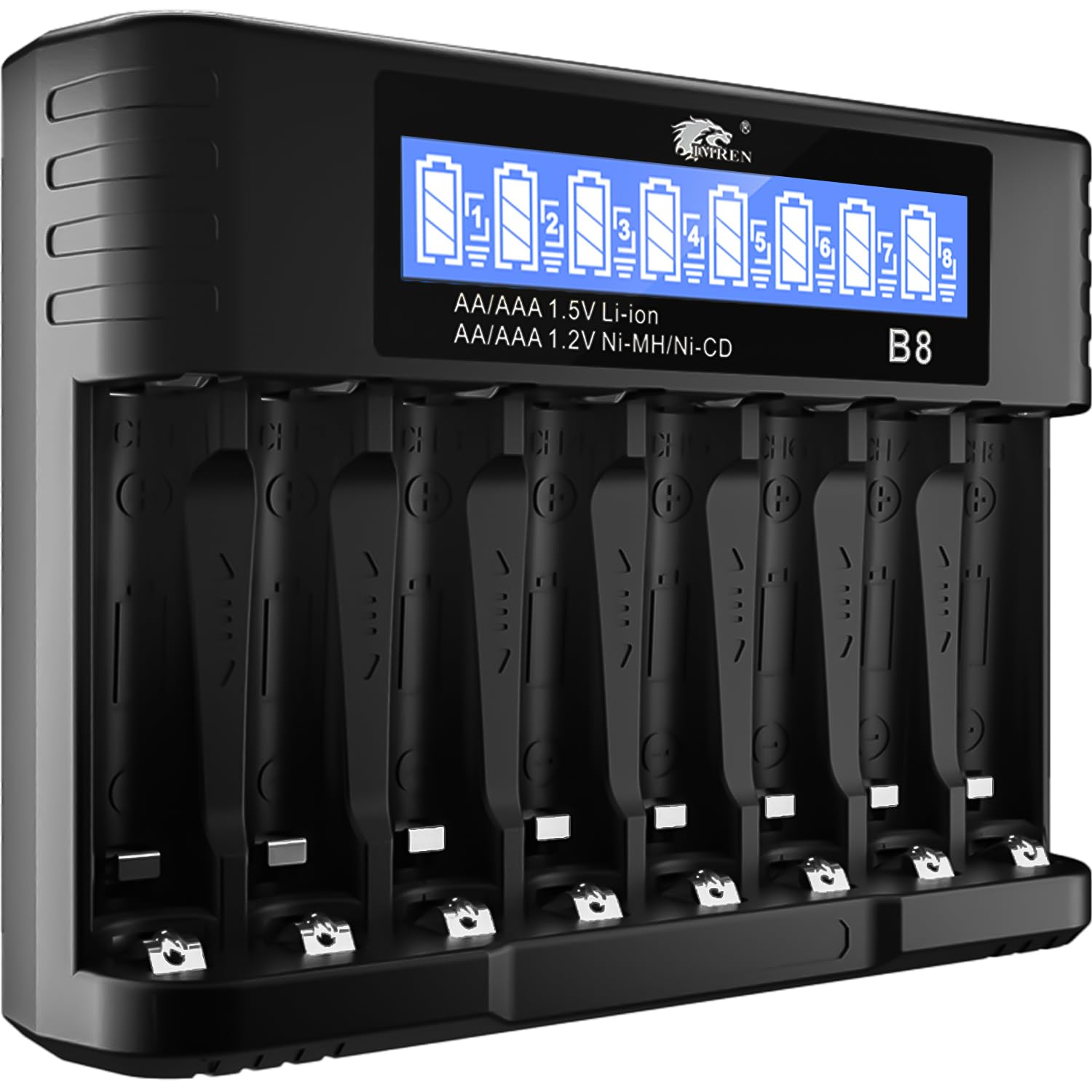 IMREN Akku Ladegerät AA AAA, 8 Slots 1.2V NiMH/NiCD 1.5V Lithium AA AAA Batterien Ladegerät, 5V 2A Typ-C Schnelles AA AAA Akkuladegerät mit LCD Display B8 Angebot bei HelloDeals