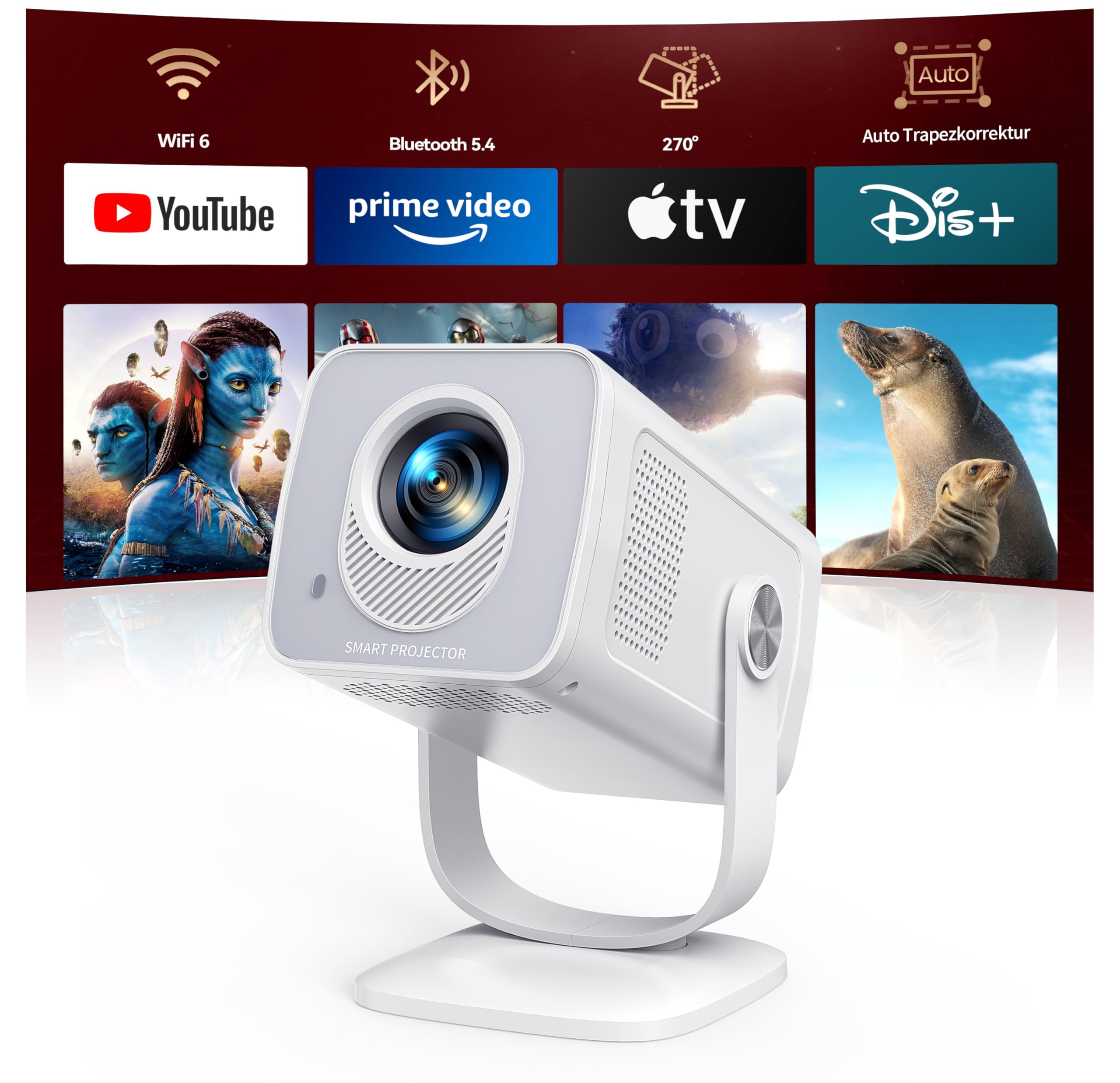 Mini Beamer 4K 1080P Unterstützt [Android 13 & 270° Drehbar] Smart Beamer Klein mit WiFi 6 Bluetooth 5.4, Tragbarer Projektor Heimkino Outdoor mit Auto Trapezkorrektur für HDMI/Android/iOS/PC/USB Weiß Angebot bei HelloDeals