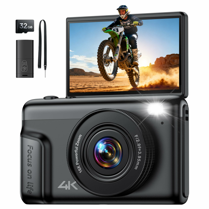 4K 64MP Digitalkamera Kamera Fotokamera: 16X Digital Zoom Kompaktkamera mit 2-Zoll IPS Klappdisplay Fotoapparat - Geschenk Anfänger Teenager Kids - Mini Retro Vlog Camera Schwarz 1-schwarz Angebot bei HelloDeals