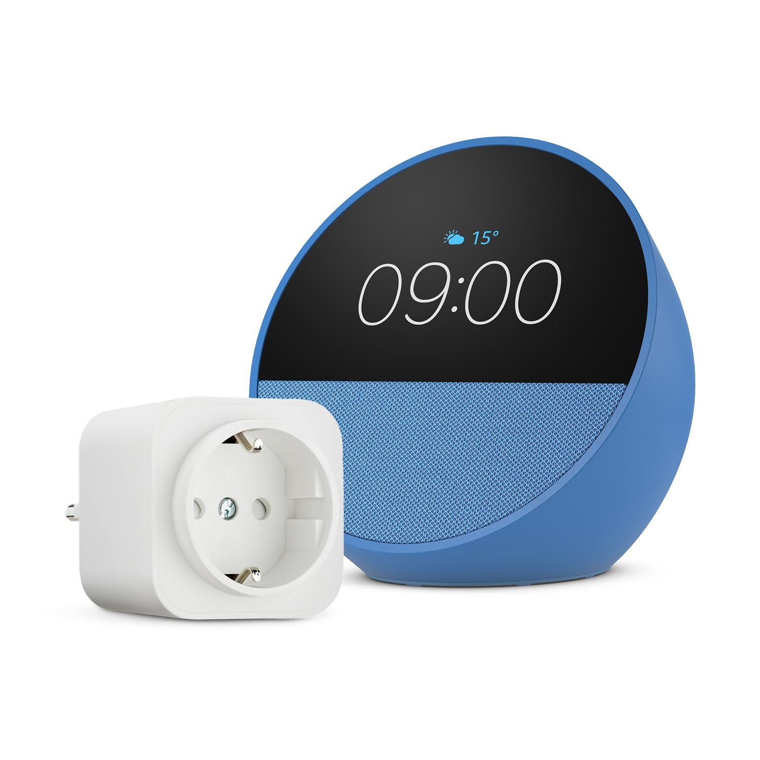 Echo Spot | Blau + Amazon Basics EU-Smart Plug, Funktionert mit Alexa - Smart Home-Einsteigerpaket Angebot bei HelloDeals