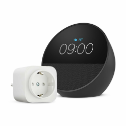 Echo Spot | Schwarz + Amazon Basics EU-Smart Plug, Funktionert mit Alexa - Smart Home-Einsteigerpaket Angebot bei HelloDeals