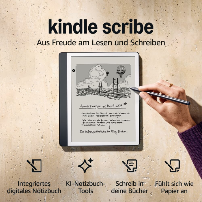 Amazon Kindle Scribe (32 GB) – Neuartiges Display mit gleichmäßigem Rahmen | Schreib einfach in Bücher und Dokumente | Mit Notizbuchzusammenfassung | Mit Premium-Eingabestift – Anthrazit Anthrazit 32GB Ohne Kindle Unlimited Angebot bei HelloDeals