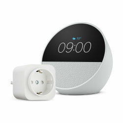 Echo Spot | Weiß + Amazon Basics EU-Smart Plug, Funktionert mit Alexa - Smart Home-Einsteigerpaket Angebot bei HelloDeals