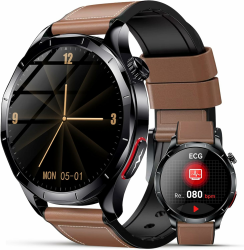 2026 Neu Smartwatch Herren mit EKG/HRV/ΒΙυτｚυcker/BMI/Harnsäure, 1,43" AMOLED Gesundheitsuhr mit 24H ΒΙυtdrυck SpO2 Apnoe Schlafmonitor SOS-Notruf Fitnessuhr Android/iOS, Braun Lederarmband Angebot bei HelloDeals
