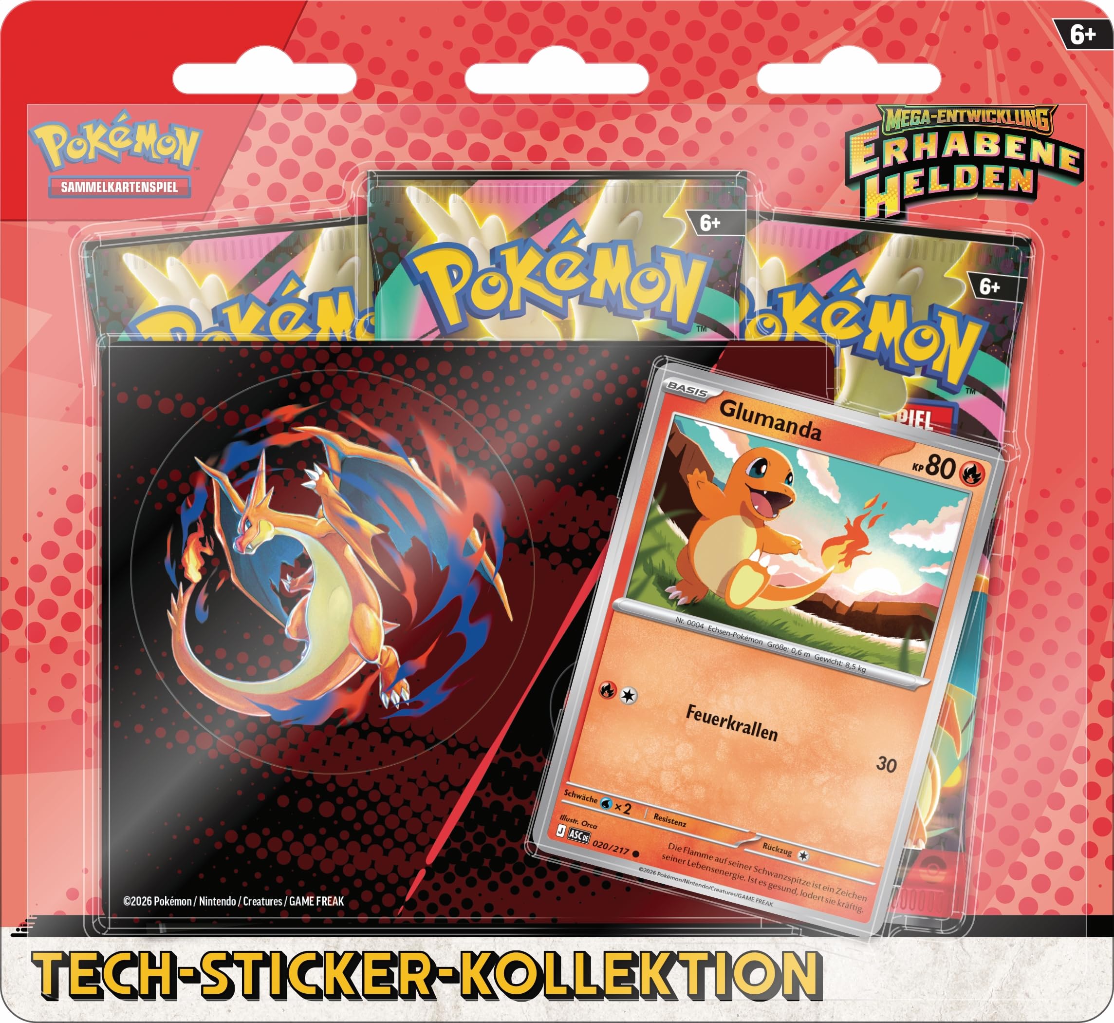 Pokémon-Sammelkartenspiel: Tech-Sticker-Kollektion Mega-Entwicklung – Erhabene Helden: Glumanda (1 holografische Promokarte und 3 Boosterpacks) Angebot bei HelloDeals
