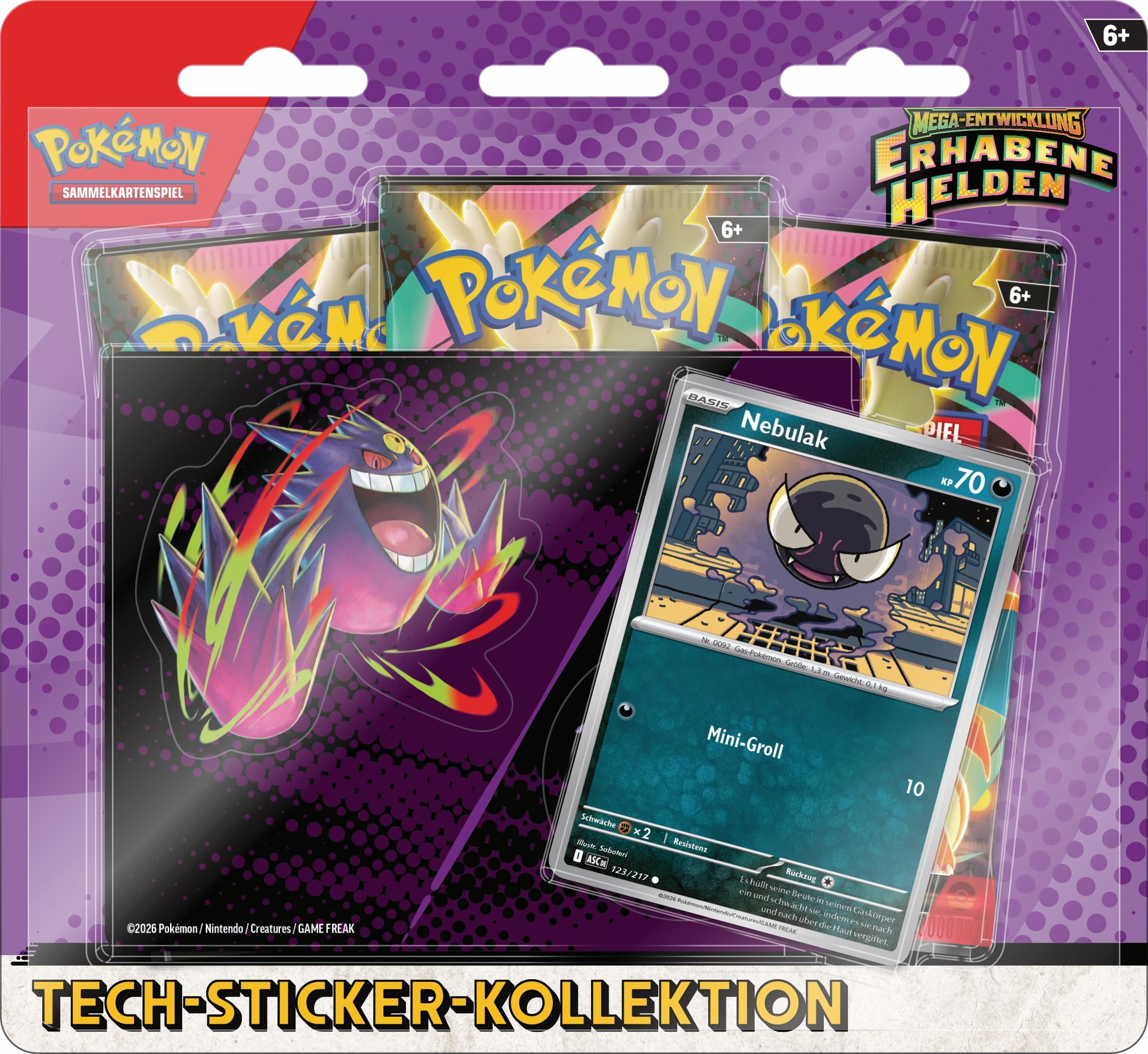 Pokémon-Sammelkartenspiel: Tech-Sticker-Kollektion Mega-Entwicklung – Erhabene Helden: Nebulak (1 holografische Promokarte und 3 Boosterpacks) Angebot bei HelloDeals