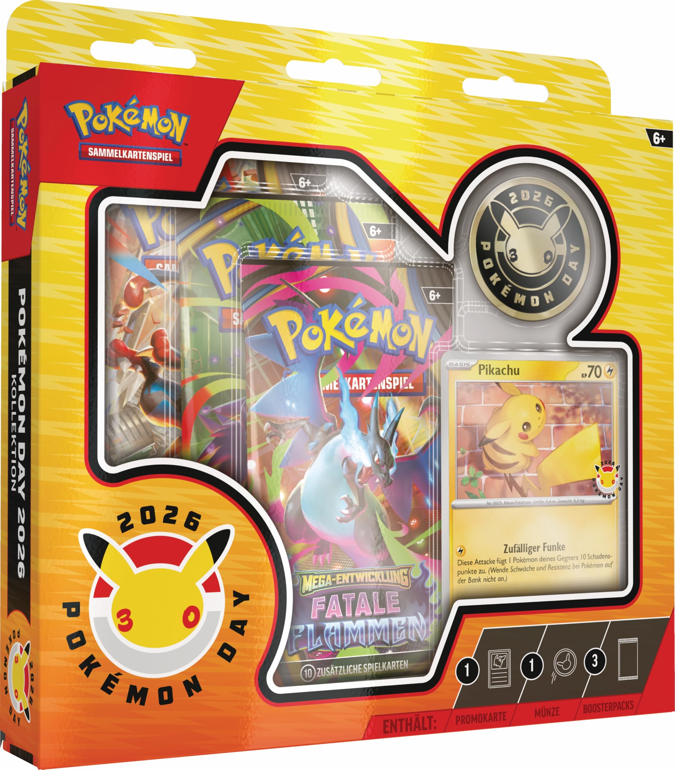 Pokémon-Sammelkartenspiel: Kollektion Pokémon Day 2026 (1 holografische Promokarte, 1 Münze und 3 Boosterpacks) Angebot bei HelloDeals