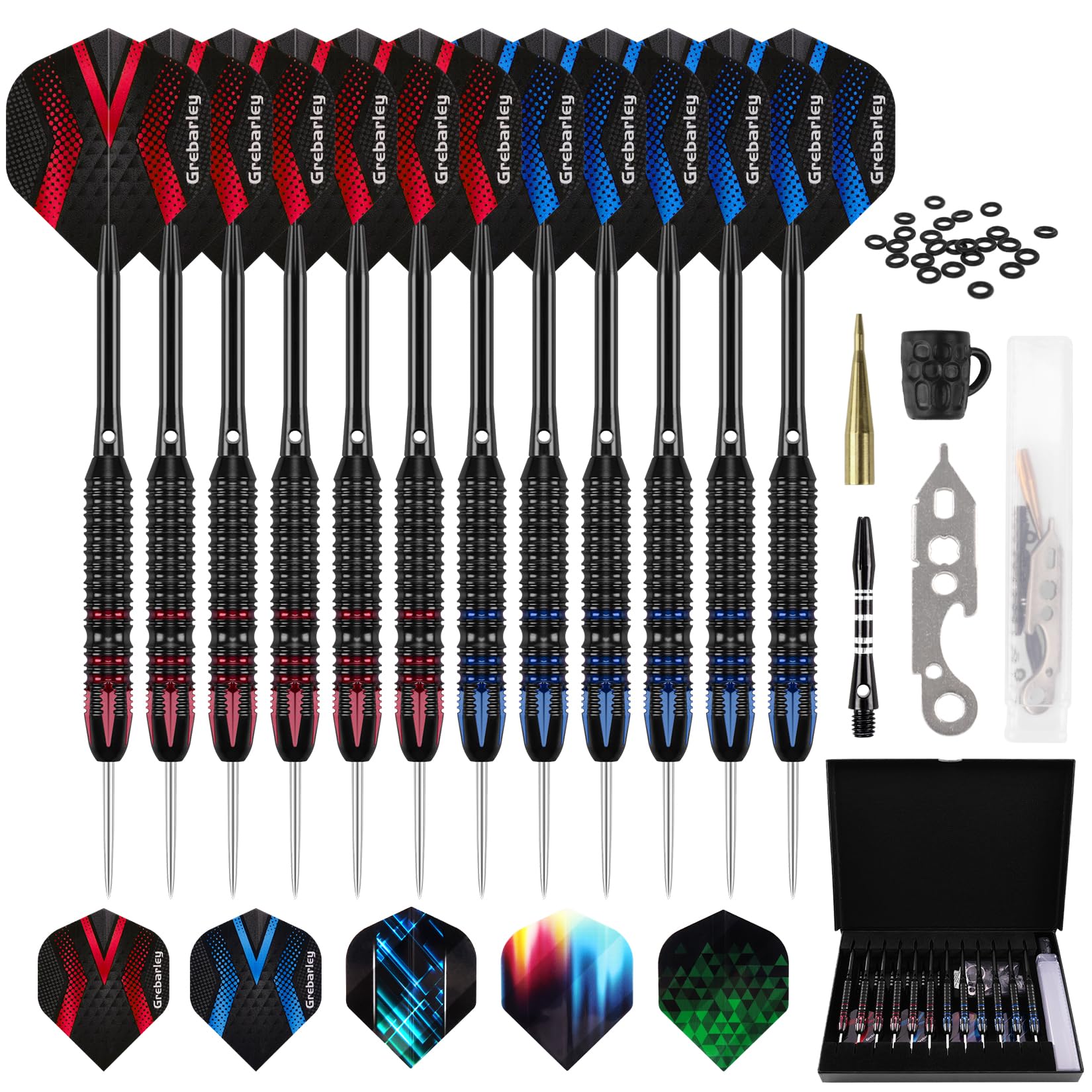 Grebarley Dartpfeile mit Metallspitze,12 Stück Profi Steeldarts 18 Aluminium Schaft mit 9 Flights 20 Orings 24 grams Rot und 22 grams blau mit Etui Angebot bei HelloDeals
