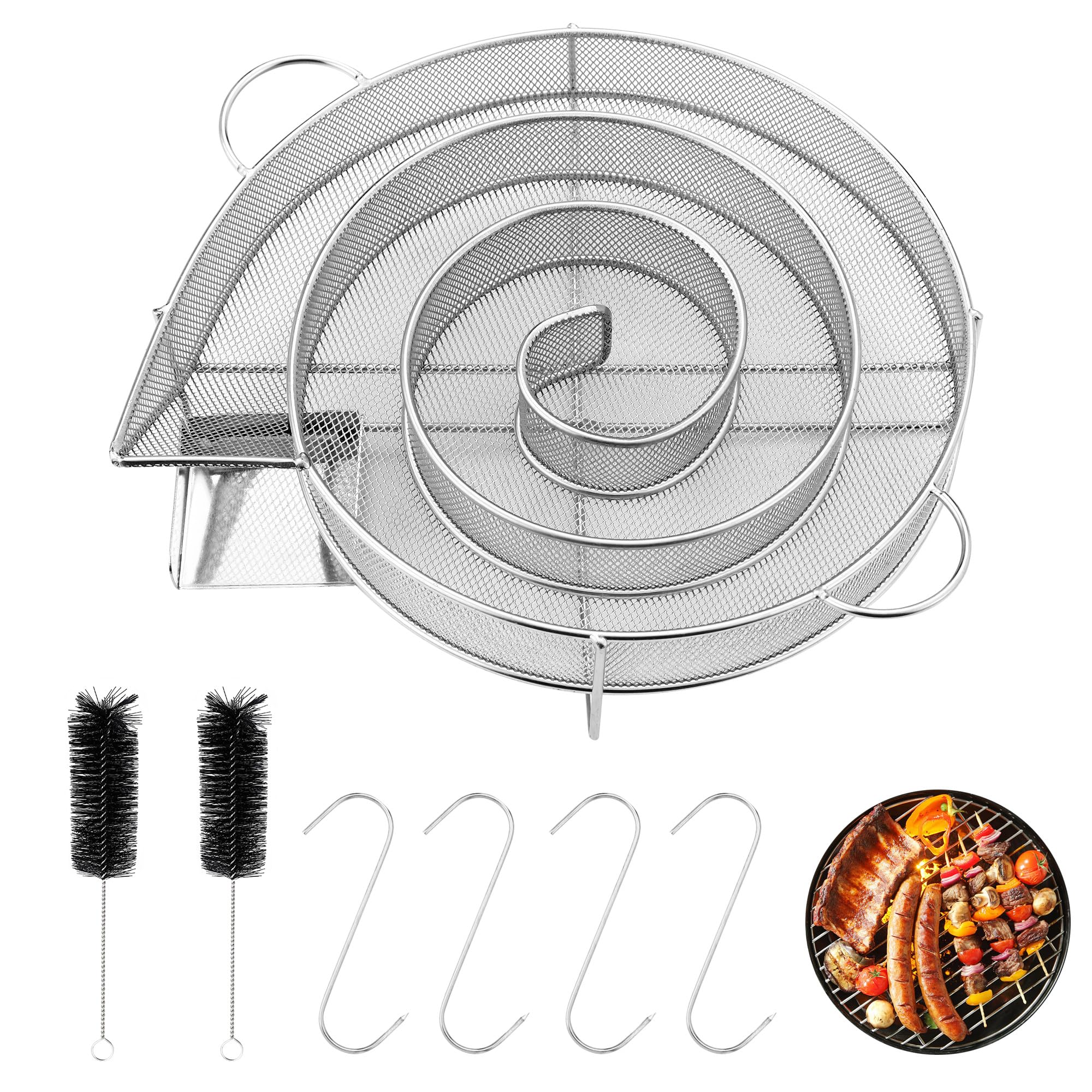 Kaltrauchgenerator aus Edelstahl,Rund Räucherschnecke,Sparbrand Räucherofen mit Henkel,mit 4 Fleischhaken + 2 Reinigungsbürste,Fleischräucherofen für Kugelgrills,Smoker und Räucheröfen,Mehrweg A-Rund Angebot bei HelloDeals