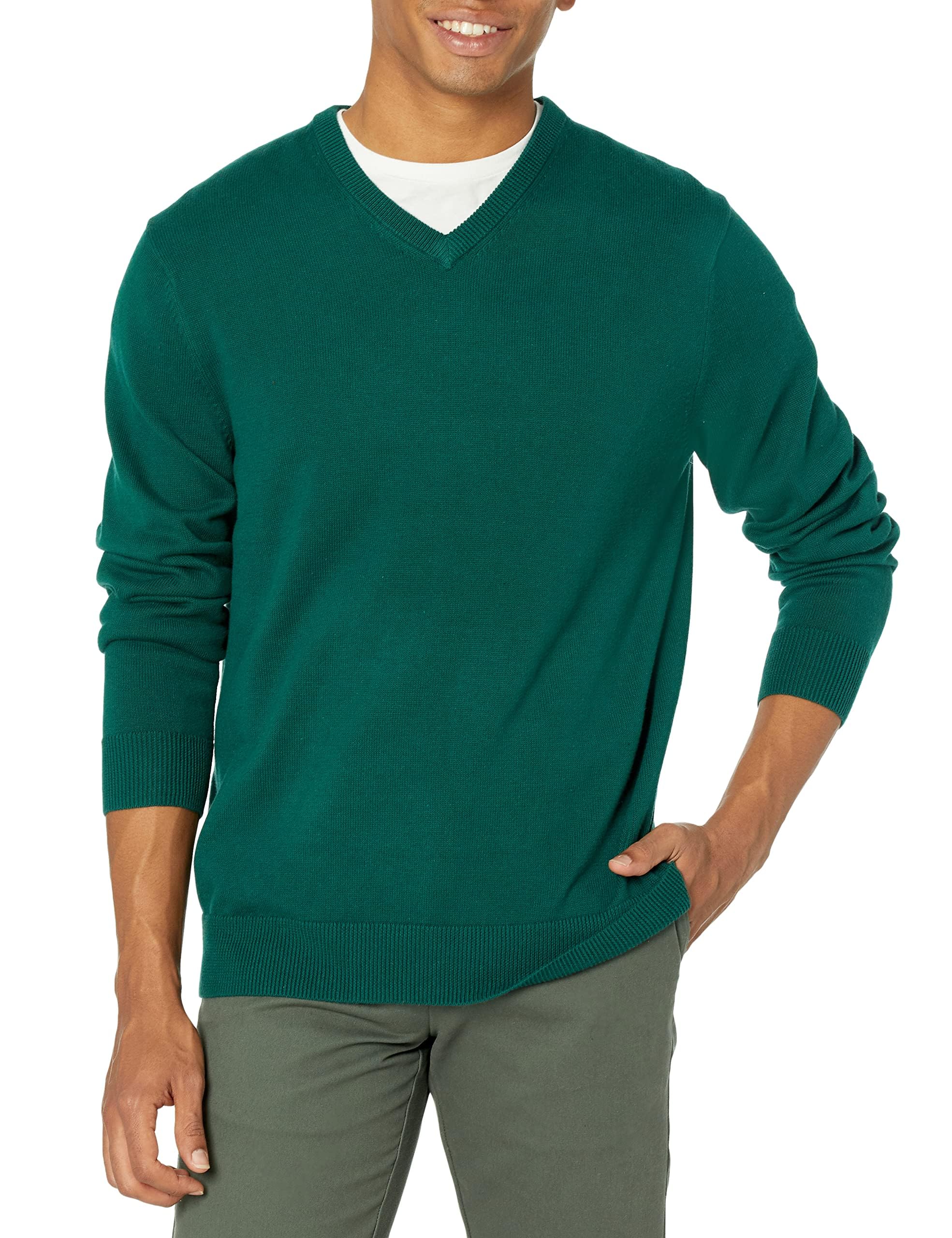 Amazon Essentials Herren V-Ausschnitt Pullover aus Baumwolle, Normale Passform 6XL Große Größen Tall Dunkelgrün Angebot bei HelloDeals