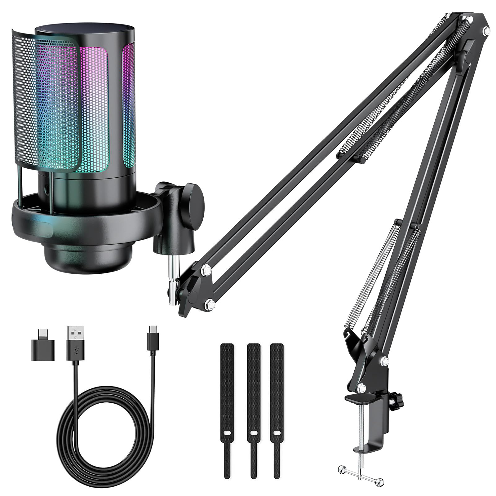 Gaming Mikrofon PC mit Arm, USB Mikrofon Plug & Play, Kondensatormikrofon mit RGB LED/Mute für Streaming, Podcast, YouTube, Home Office, Meeting, inkl. 3 Kabelbinder & USB-C Adapter Angebot bei HelloDeals